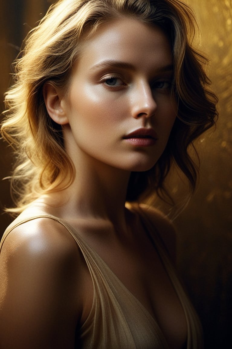 (((Iconic Woman extremely beautiful)))
(((moody atmosphere, ethereal glow, delicate interplay of light and shadow, captivating gaze, artistic expression, emotional resonance)))
(((Chiaroscuro gold colors background)))
(((View zoom,view detailed, dutch_angle)))
(((by Annie Leibovitz style,by Murata_Range style)))