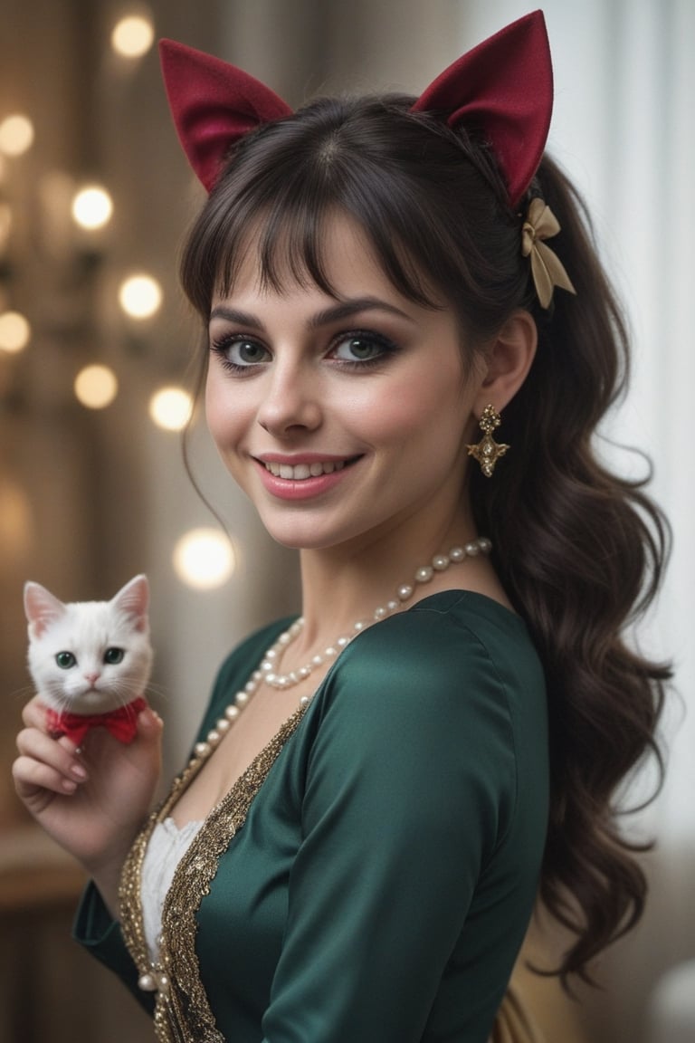 Woman 40-year-old Nórdic, very beautiful smile, long hair, looking at viewer, bangs, black hair, long sleeves,detailed dress, bow, ribbon, animal ears, jewelry, upper body, ponytail, hair bow, earrings, indoors, cat ears, hand up, black eyes, black dress, lips, black ribbon, black bow, realistic, nose,(((gold, emerald 
 sapphire, ruby, Mármol white,perlas white)))masterpiece, hyperdetailed photography, hyper-realistic, Kodak Ektar camera, detailed skin pores acne, detailed hands, detailed anatomy, detailed face, detailed eyes, detailed mouth,,photo r3al, cinematic moviemaker style, 85mm cámara, 