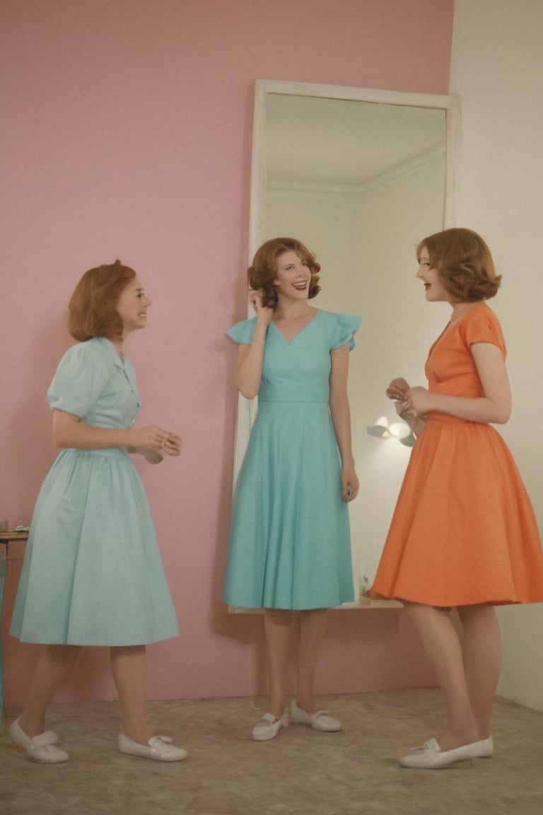 ((( 1950s age style)))woman and girls 
(((gorgeous nordic looking in a mirror, in a large room)))
(((Wide angle,full body shot)))
(((retro environment,melancholic tone,charming light,dramatic contrast between light and dark,pastel colors:1.2)))
(((hasselblad 70mm camera films))) 
(((beautiful smile, open mouth, happy, laughter)))
(((white wavy hair)))
((( bob_curt hair, short hair)))
(((dappled sunlight,elegant,
the theme of rainbow,cinematic lighting,rainbow like radiance,rich emotional)))
cinematic moviemaker style,dripping paint