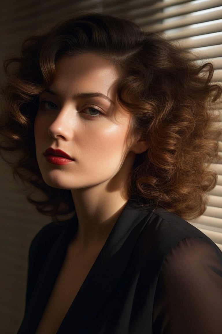 (((Iconic girl lighting but extremely beautiful)))
(((1940s age style)))
(((shadows of blinds on the face)))
(((large hair curly)))
(((Chiaroscuro light full colors background)))
(((masterpiece,minimalist,epic,
hyperrealistic,photorealistic)))
(((view profile,view detailed,
dutch_angle)))
(((Annie Leibovitz style, by Michael Curtiz style)))