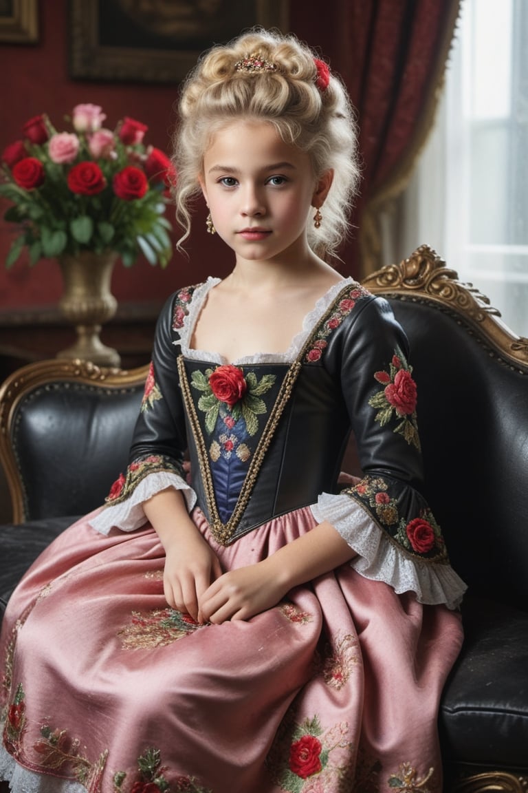 portrait of little_girl 12-year-old Nórdic,((( Wearing luxury sack-back gown, detailed and opulent description of a aristocrat's sack-back gown in Rococo style, emphasizing luxurious fabrics, intricate embroidery, and ornate accessories,)))
,rainbow light hair,  blonde short curly hair, Sexy,sitting open_legs on worn old black leather sofa near a window,old and worn red furniture ,view front,flowers, plants, roses,view from above,  centered,full body shot,  natural light from a window,raw,iso. 800,50mm films,high detailed skin,detailed face,detailed eyes,detailed skin,acne,pores, detailmaster2,photo r3al,  moviemaker style