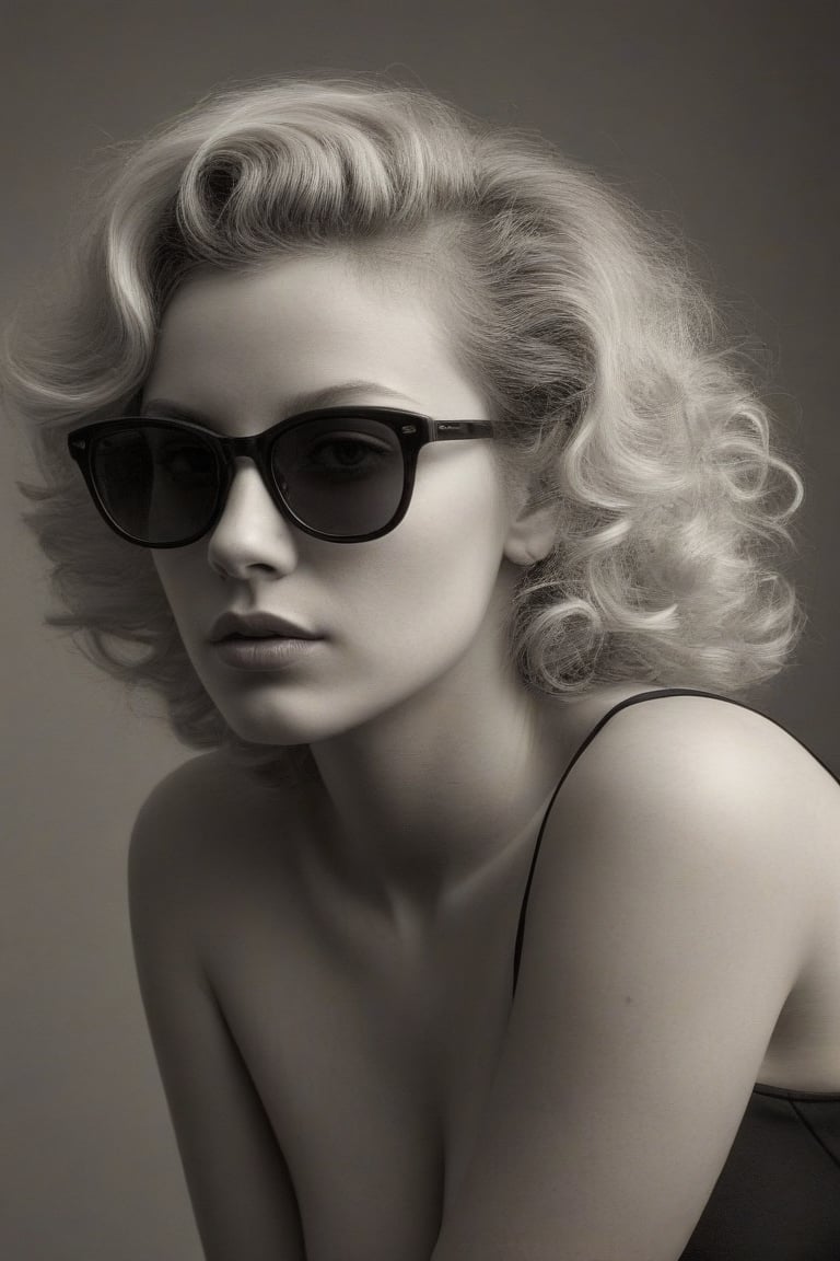 (((Iconic illustration 1950s age style but extremely beautiful)))
(((blonde curly hair shot with sunglasses)))
(((Chiaroscuro Solid colors background)))
(((masterpiece,minimalist,epic,
hyperrealistic,photorealistic)))
(((view profile,view detailed )))
(((Monochrome solid colors)))(((Annie Leibovitz style, by Diane Arbus style))),srh_ttz