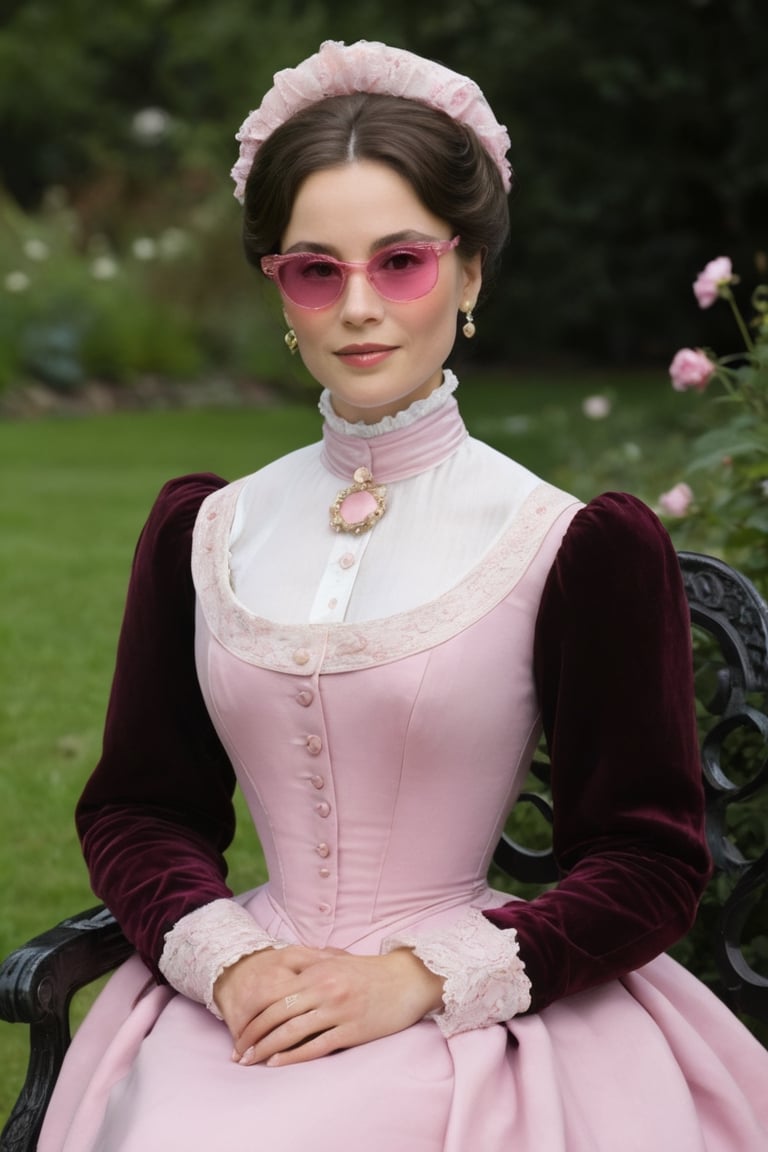 The painting of mature woman 50-year-old sitting in a garden with((( delicate little pink sunglasses))) smiling with a doll looking at the camera who is elegantly dressed in a high-collared,  long-sleeved,  and floor-length gown,  which exemplifies the late Victorian fashion. The dress is crafted from rich,  dark-colored fabric,  possibly velvet,  and is characterized by its simplicity and clean lines. A small,  high collar frames her face. The bodice is buttoned up the front,  and its shape accentuates her slender waist. A narrow sash cinches the waist,  creating a subtle hourglass figure. The sleeves are snugly fitted at the shoulders and taper down to the wrists,  reflecting the tailored look of the era. The cuffs of the sleeves are adorned with small decorative buttons. The skirt of the gown falls gracefully to the floor,  with a slight train at the back. It is designed to flow smoothly from the waist,  creating a straight,  elongated line down to the ground. Her complexion is pale and flawless,  following the Victorian preference for porcelain-like skin. She uses a light foundation or powder to achieve this look. Her cheeks are lightly flushed with a subtle hint of rosy pink blush,  delicately applied to the apples of her cheeks. The eyes are enhanced with a soft and natural look. Eyebrows are elegantly shaped with a slight arch and are filled in gently. Eyeshadow in neutral shades enhances her eyelids,  and mascara defines her lashes. Her lips are tinted with a natural,  muted color,  possibly a soft shade of pink or rose. Lip balm is applied to keep her lips smooth and moisturized. In a style of Claude Monet, AIDA_LoRA_LauraB, more detail XL, photo r3al,,
,more detail XL,photo r3al