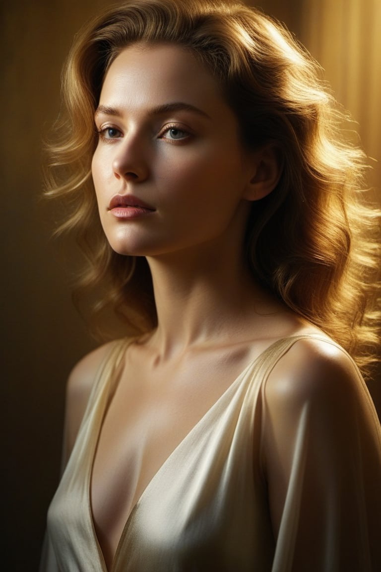 (((Iconic Woman extremely beautiful)))
(((moody atmosphere, ethereal glow, delicate interplay of light and shadow, captivating gaze, artistic expression, emotional resonance)))
(((Chiaroscuro gold colors background)))
(((View zoom,view detailed, dutch_angle)))
(((by Annie Leibovitz style,by Murata_Range style)))