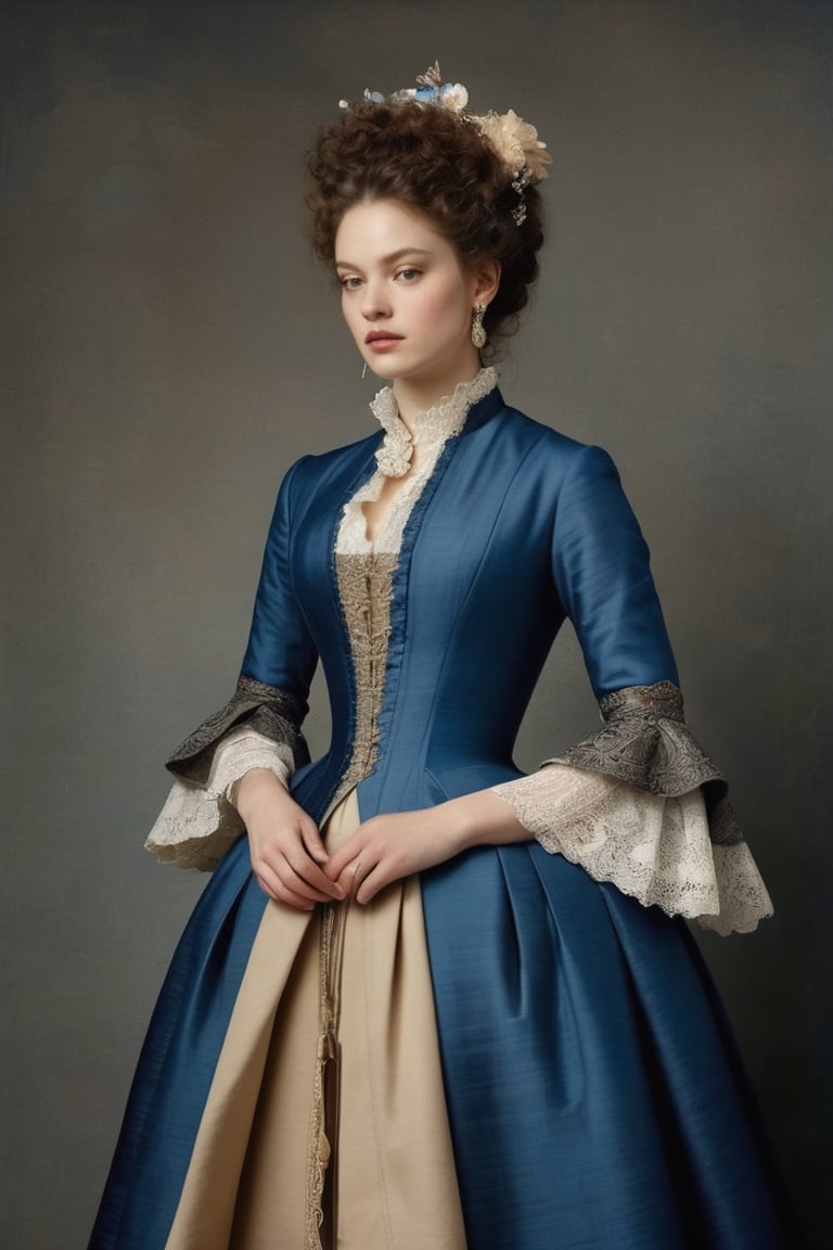 (((iconic but extremely beautiful)))
(((clothing canvases/cloths and mixed fabrics)))
(((blue,Beige,gray)))
(((simple background)))
(((1880s age style,with accessories)))
(((intricate details, masterpiece, best quality, photorealistic, minimalist)))
(((dynamic pose, looking at viewer,profile view, full body view)))(((by Rembrandt style, by Stanley Kubrick style)))