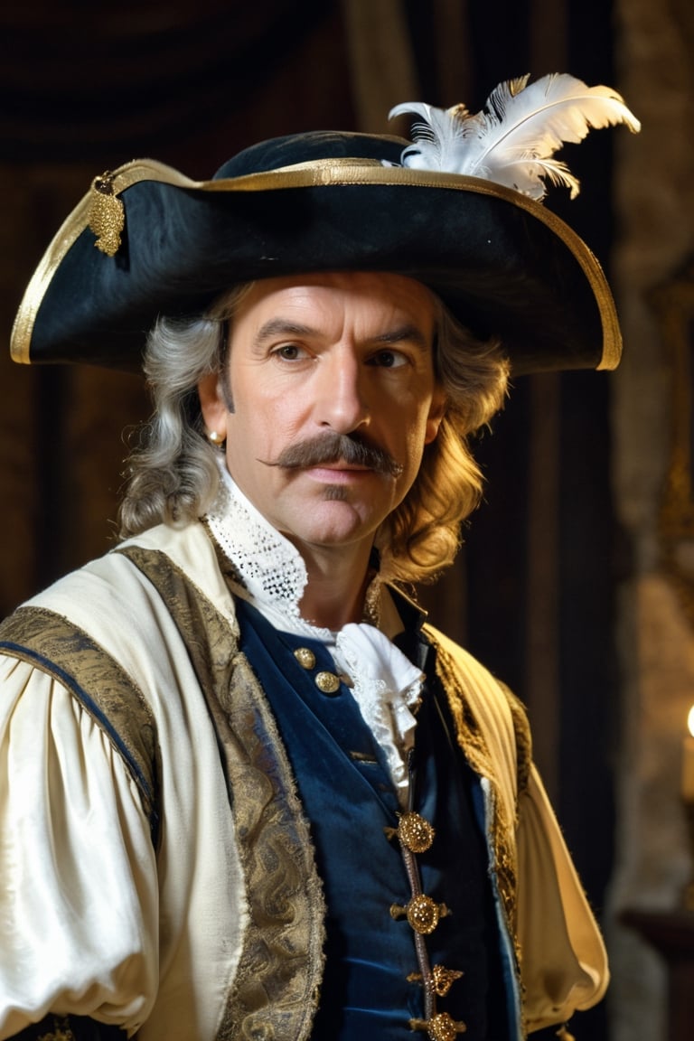 (((Mature man French)))
(((huge and pointed nose, nose deformed:1.5,big proportions)))
(((Cyrano de Bergerac,Play by Edmond Rostand elegant)))(((medieval castle interior big room in darkness, dressed 1700s age style, white lace and embroidery ,sword, wide-brimmed leather hat, feathers, haughty position, show off)))
(((at night,natural light from window)))
(((gold earrings,pearls white,sapphire)))
((( standing, messy hair styles,wearing  medieval outfit,1700's age style)))
(((hasselblad 70mm camera films)))
(((Ultra realistic, masterpiece, high resolution, best quality , photo realistic,full body shot))), 
cinematic moviemaker style,dripping paint,abstact