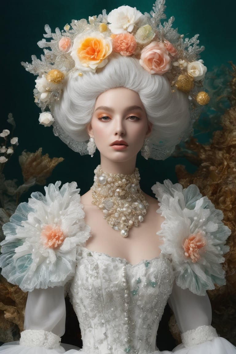 Extremely Realistic,Create a world with the next element * Glass sponge and coral Pocillopora pulchella for organic, flowing textures 
* extremely detailed Realistic silver, pearls white, emerald 
*view from above, centered, half body shot, natural light
* Marie-Antoinette details, gathers, beehives, ball gathering for volume and romance
* Crinoline, smocks, pin tucks for structure and architecture
* English pavilions for neoclassical references
* Belle Époque winter garden for retro inspiration
* Hans Bellmer-style surrealism and Donyale Luna mannequin for onirism
* Balata Garden and Martinique corals for tropical inspiration
* Gabrielle Chanel and diva singers for timeless elegance
* Short" for a contemporary twist white and blue rose and old yellow rose embroidery on tulle . Extremely Realistic, photo r3al,make_3d, cinematic moviemaker style,dripping paint,abstact