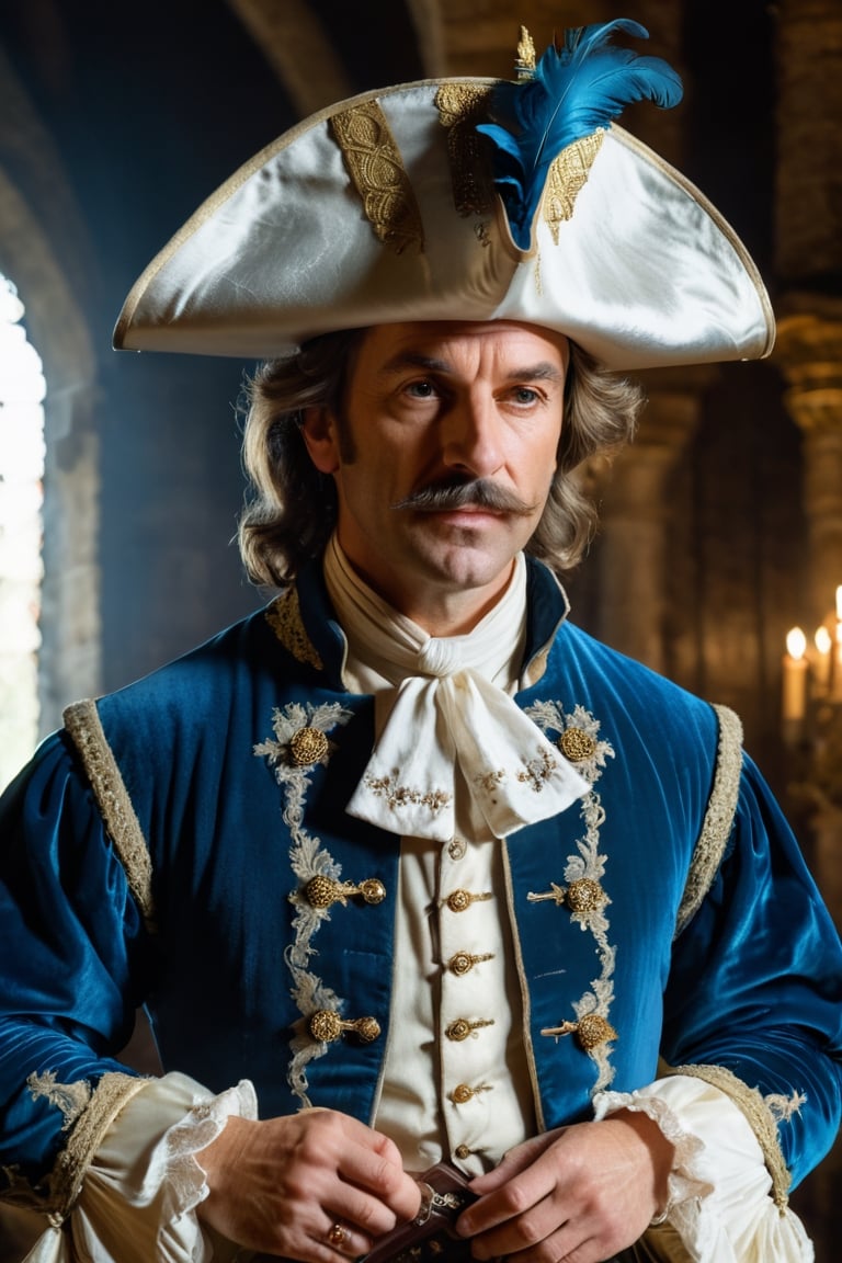 (((Mature man French)))
(((huge and pointed nose, nose: 1.5)))
(((Cyrano de Bergerac,Play by Edmond Rostand elegant)))(((medieval castle interior big room in darkness, dressed 1700s age style, white lace and embroidery ,sword, wide-brimmed leather hat, feathers, haughty position, show off)))
(((at night,natural light from window)))
(((gold earrings,pearls white,sapphire)))
((( standing, messy hair styles,wearing  medieval outfit,1700's age style)))
(((hasselblad 70mm camera films)))
(((Ultra realistic, masterpiece, high resolution, best quality , photo realistic,full body shot))), 
cinematic moviemaker style,dripping paint,abstact