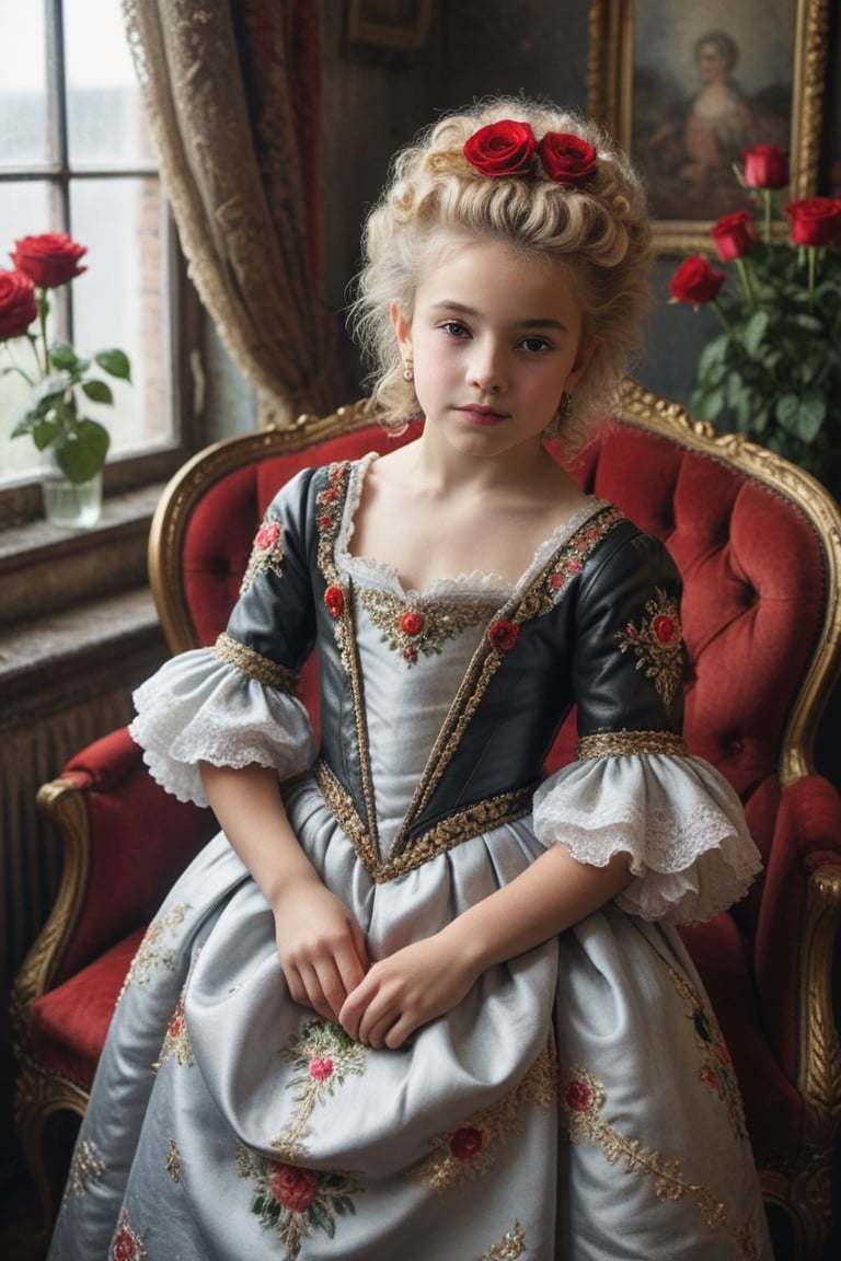 portrait of little_girl 12-year-old Nórdic,((( Wearing luxury sack-back gown, detailed and opulent description of a aristocrat's sack-back gown in Rococo style, emphasizing luxurious fabrics, intricate embroidery, and ornate accessories,)))
,rainbow light hair,  blonde short curly hair, Sexy,sitting open_legs on worn old black leather sofa near a window,old and worn red furniture ,view front,flowers, plants, roses,view from above,  centered,full body shot,  natural light from a window,raw,iso. 800,50mm films,high detailed skin,detailed face,detailed eyes,detailed skin,acne,pores, detailmaster2,photo r3al,  moviemaker style