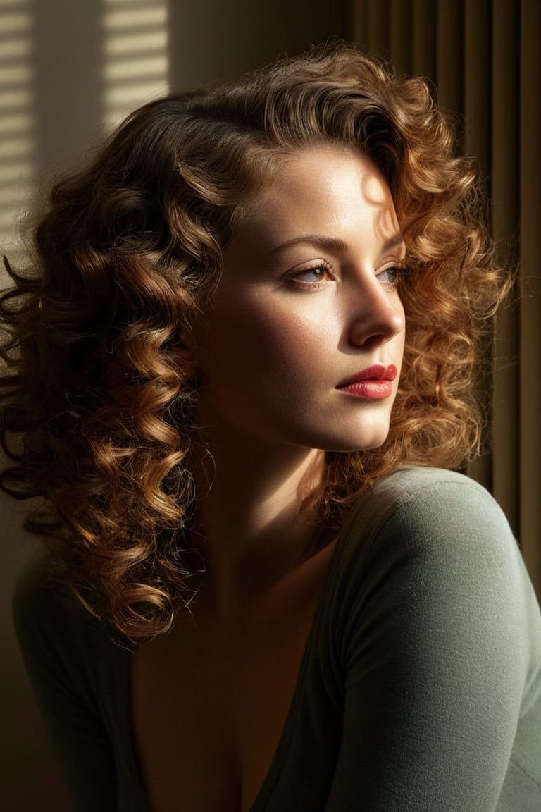 (((Iconic girl lighting but extremely beautiful)))
(((1940s age style)))
(((shadows of blinds on the face)))
(((large hair curly)))
(((Chiaroscuro light full colors background)))
(((masterpiece,minimalist,epic,
hyperrealistic,photorealistic)))
(((view profile,view detailed,
dutch_angle)))
(((Annie Leibovitz style, by Michael Curtiz style)))