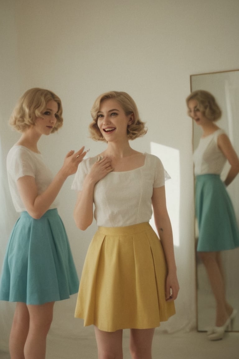 ((( 1950s age style)))woman and girls 
(((gorgeous nordic looking in a mirror, in a large room)))
(((Wide angle,full body shot)))
(((retro environment,melancholic tone,charming light,dramatic contrast between light and dark,pastel colors:1.2)))
(((hasselblad 70mm camera films))) 
(((beautiful smile, open mouth, happy, laughter)))
(((white wavy hair)))
((( bob_curt hair, short hair)))
(((dappled sunlight,elegant,
the theme of rainbow,cinematic lighting,rainbow like radiance,rich emotional)))
cinematic moviemaker style,dripping paint