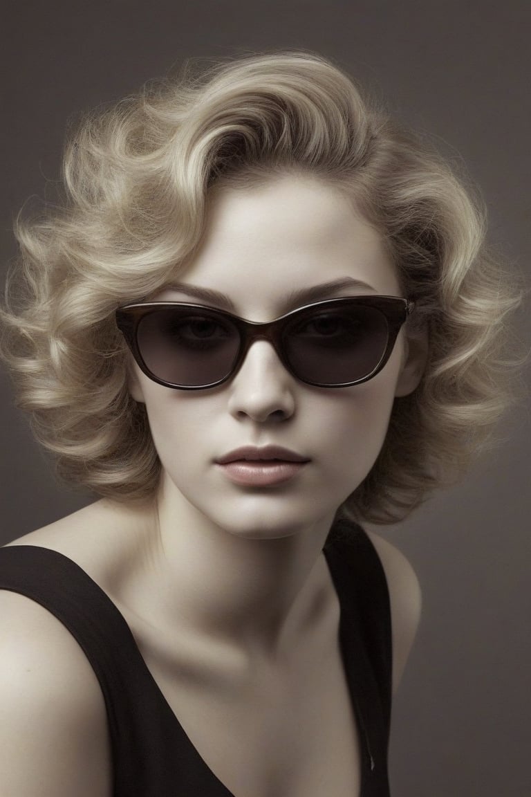 (((Iconic illustration 1950s age style but extremely beautiful)))
(((blonde curly hair shot with sunglasses)))
(((Chiaroscuro Solid colors background)))
(((masterpiece,minimalist,epic,
hyperrealistic,photorealistic)))
(((view profile,view detailed )))
(((Monochrome solid colors)))(((Annie Leibovitz style, by Diane Arbus style))),srh_ttz