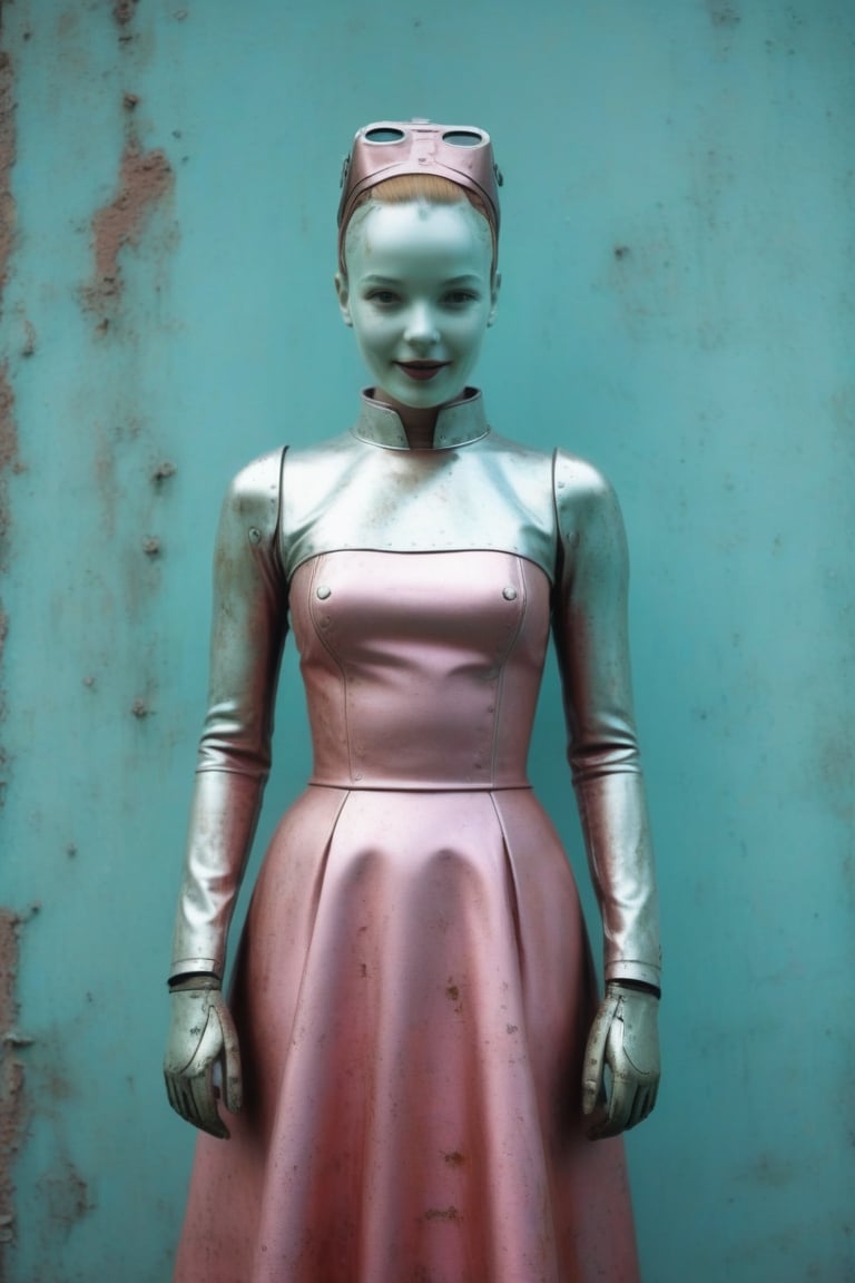 (((Robot/little girl made metal style of gum pink bichromate)))
(((light silver dark, disfigured forms))) 
(((beautiful smile, open mouth)))
(((religious subjects dress metal)))
(((1950s age style)))
(((posing for camera)))(((bronze,silver,bichromate)))
(((hasselblad 70mm camera films)))(((Masterpiece,  Best quality,  Insanely detailed fashion,  atmosphere Futuristic neón elegant))),patina metal skin,pms style, cinematic moviemaker style