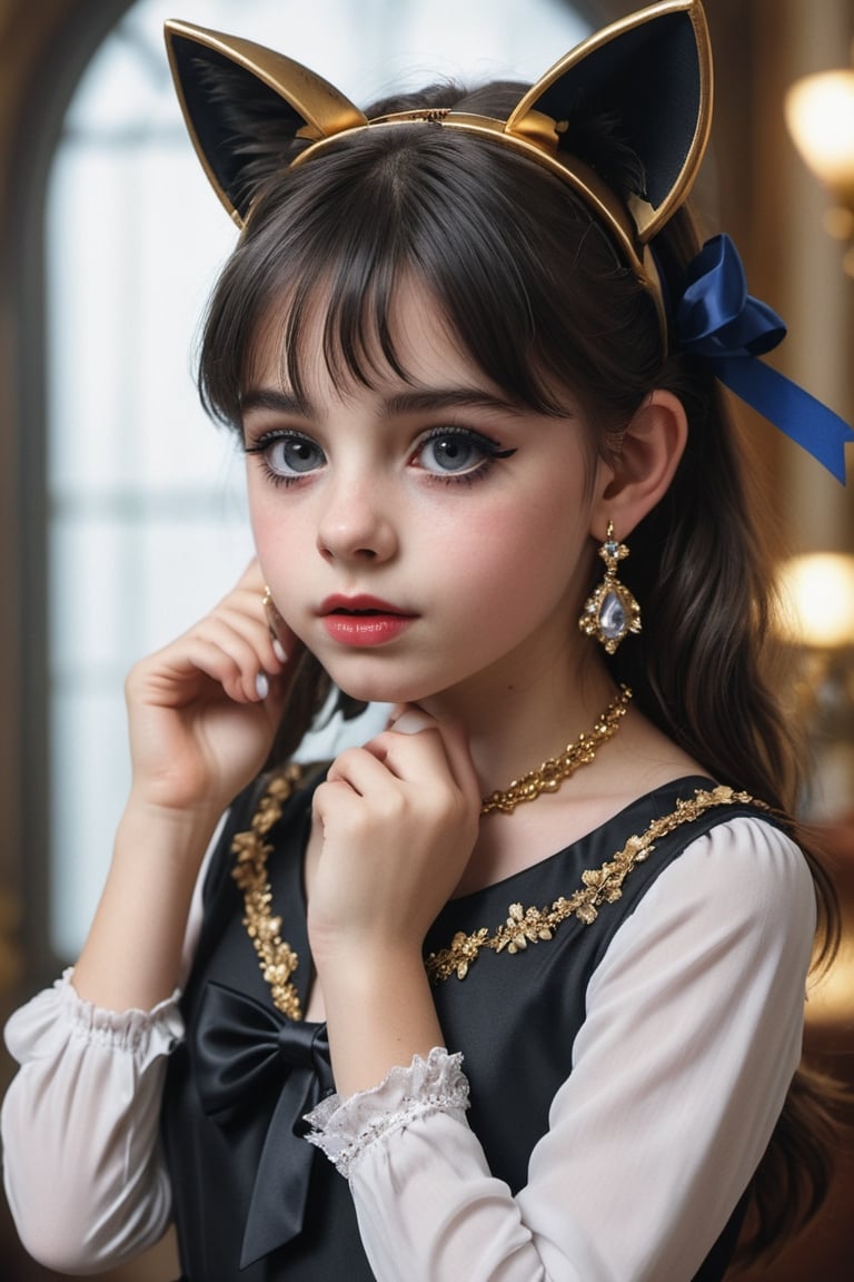 Teenager 12-year-old, long hair, looking at viewer, bangs, black hair, long sleeves,detailed dress, bow, ribbon, animal ears, jewelry, upper body, ponytail, hair bow, earrings, indoors, cat ears, hand up, black eyes, black dress, lips, black ribbon, black bow, realistic, nose,(((gold, sapphire, ruby, Mármol white, )))masterpiece, hyperdetailed photography, hyper-realistic, Kodak Ektar camera, detailed skin pores acne, detailed hands, detailed anatomy, detailed face, detailed eyes, detailed mouth,,photo r3al, cinematic moviemaker style, 85mm cámara, 