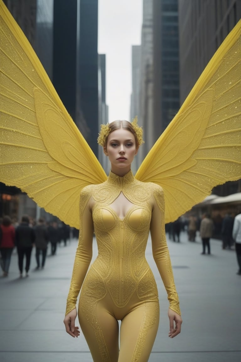 (((iconic,futuristic-sci-fi but extremely beautiful),  pea yellow)
(((intricate details, masterpiece, best quality)))
(((Wide angle, full body shot, profile view)))
(((dynamic pose, looking at viewer))) 
by Diane Arbus