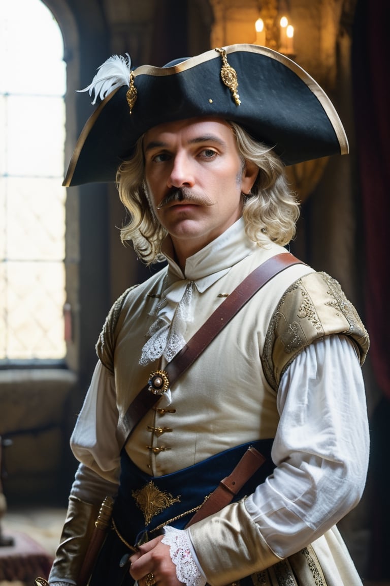 (((Mature man French)))
(((huge and pointed nose, nose deformed,huge proportions,súper_big,Bigget_nose)))
(((Cyrano de Bergerac,Play by Edmond Rostand elegant)))(((medieval castle interior big room in darkness, dressed 1700s age style, white lace and embroidery ,sword, wide-brimmed leather hat, feathers, haughty position, show off)))
(((at night,natural light from window)))
(((gold earrings,pearls white,sapphire)))
((( standing, messy hair styles,wearing  medieval outfit,1700's age style)))
(((hasselblad 70mm camera films)))
(((Ultra realistic, masterpiece, high resolution, best quality , photo realistic,full body shot))), 
cinematic moviemaker style,dripping paint,abstact