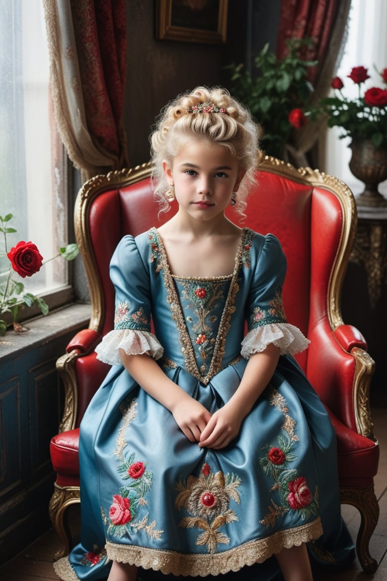 portrait of little_girl 12-year-old Nórdic,((( Wearing luxury sack-back gown, detailed and opulent description of a aristocrat's sack-back gown in Rococo style, emphasizing luxurious fabrics, intricate embroidery, and ornate accessories,)))
,rainbow light hair,  blonde short curly hair, Sexy,sitting open_legs on worn old black leather sofa near a window,old and worn red furniture ,view front,flowers, plants, roses,view from above,  centered,full body shot,  natural light from a window,raw,iso. 800,50mm films,high detailed skin,detailed face,detailed eyes,detailed skin,acne,pores, detailmaster2,photo r3al,  moviemaker style