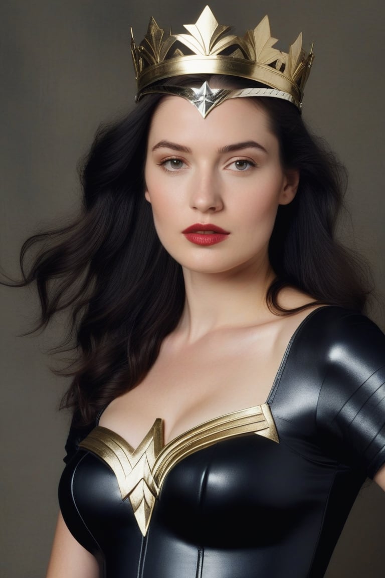 (((Iconic 1940s age style but extremely beautiful))) 
(((black long straight hair 40s age style)))
(((with matte black short-sleeved t-shirt, golden tiara, leather and silver Amazon warrior costume, [Wonder woman] serious expression, severe but calm)))
(((Pale skin and freckles, gorgeous and Voluptuous))) (((Chiaroscuro, soft light background))) 
(((female action poses))) (((masterpiece,minimalist, hyperrealistic,photorealistic))) (((view zoom,close-up,focal upper torso))) 
(((By Annie Leibovitz style,by Rembrandt style)))