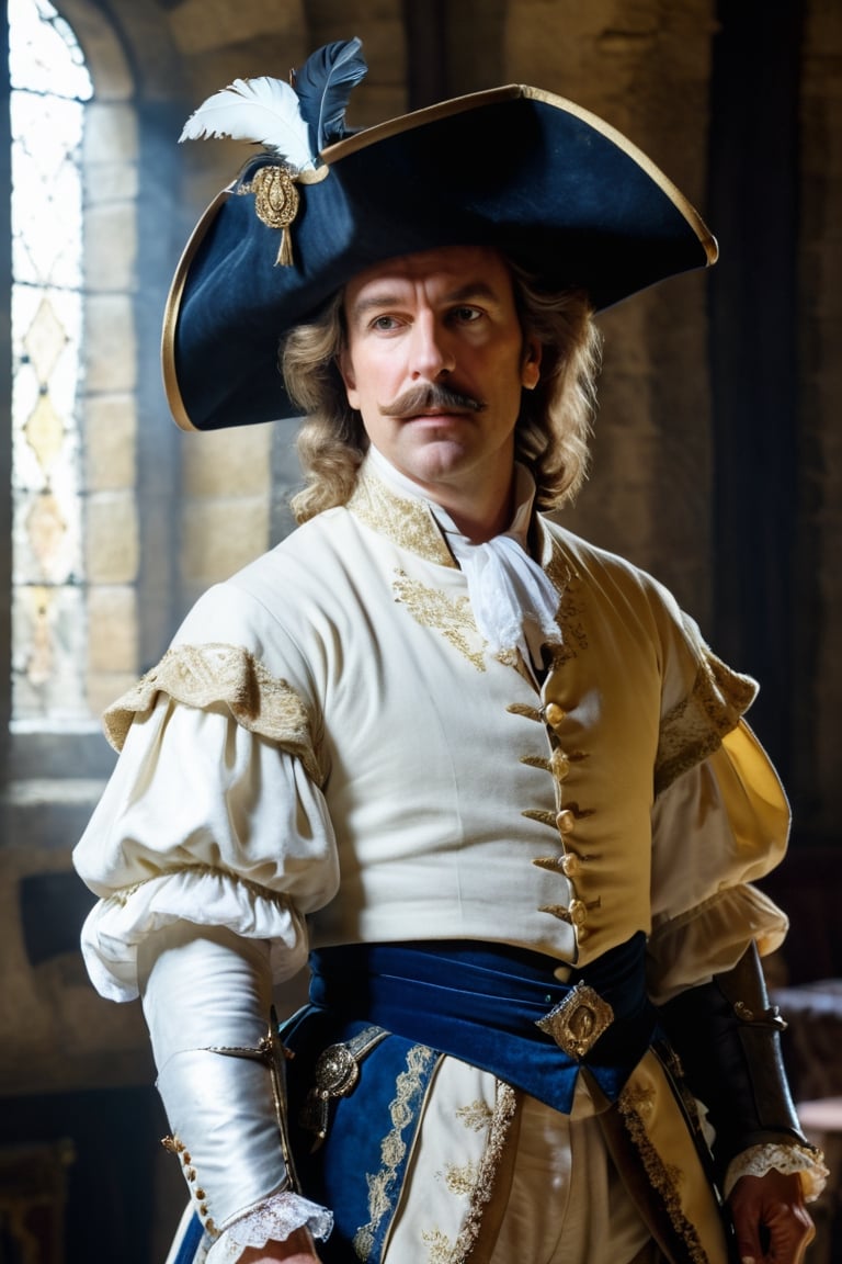 (((Mature man French)))
(((huge and pointed nose, nose deformed,huge proportions)))
(((Cyrano de Bergerac,Play by Edmond Rostand elegant)))(((medieval castle interior big room in darkness, dressed 1700s age style, white lace and embroidery ,sword, wide-brimmed leather hat, feathers, haughty position, show off)))
(((at night,natural light from window)))
(((gold earrings,pearls white,sapphire)))
((( standing, messy hair styles,wearing  medieval outfit,1700's age style)))
(((hasselblad 70mm camera films)))
(((Ultra realistic, masterpiece, high resolution, best quality , photo realistic,full body shot))), 
cinematic moviemaker style,dripping paint,abstact