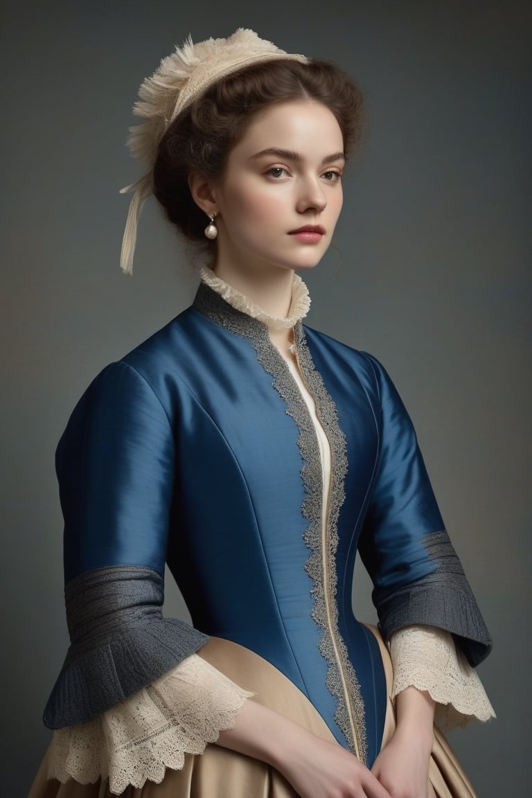 (((iconic but extremely beautiful)))
(((clothing canvases/cloths and mixed fabrics)))
(((blue,Beige,gray)))
(((simple background)))
(((1840s age style,with accessories)))
(((intricate details, masterpiece, best quality, photorealistic, minimalist)))
(((dynamic pose, looking at viewer,profile view, full body view)))(((by Rembrandt style, by John Ford Director style)))