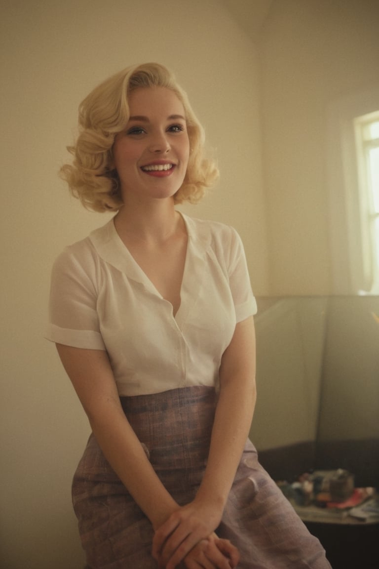 ((( 1950s age style)))
(((gorgeous nordic looking in a mirror, in a large room)))
(((Wide angle,full body shot)))
(((retro environment,melancholic tone,charming light,dramatic contrast between light and dark,pastel colors:1.2)))
(((hasselblad 70mm camera films))) 
(((beautiful smile, open mouth, happy, laughter)))
(((white wavy hair)))
((( bob_curt hair, short hair)))
(((dappled sunlight,elegant,
the theme of rainbow,cinematic lighting,rainbow like radiance,rich emotional)))
cinematic moviemaker style,dripping paint