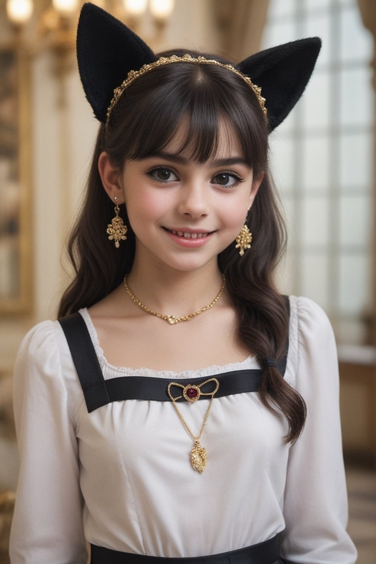 Teenager 14-year-old Nórdic, perlas white, very beautiful smile, long hair, looking at viewer, bangs, black hair, long sleeves,detailed dress, bow, ribbon, animal ears, jewelry, upper body, ponytail, hair bow, earrings, indoors, cat ears, hand up, black eyes, black dress, lips, black ribbon, black bow, realistic, nose,(((gold, sapphire, ruby, Mármol white, )))masterpiece, hyperdetailed photography, hyper-realistic, Kodak Ektar camera, detailed skin pores acne, detailed hands, detailed anatomy, detailed face, detailed eyes, detailed mouth,,photo r3al, cinematic moviemaker style, 85mm cámara, 