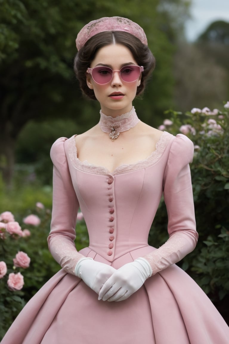 The painting of a woman 50-year-old sitting in a garden with((( delicate little pink sunglasses)))who is elegantly dressed in a high-collared,  long-sleeved,  and floor-length gown,  which exemplifies the late Victorian fashion. The dress is crafted from rich,  dark-colored fabric,  possibly velvet,  and is characterized by its simplicity and clean lines. A small,  high collar frames her face. The bodice is buttoned up the front,  and its shape accentuates her slender waist. A narrow sash cinches the waist,  creating a subtle hourglass figure. The sleeves are snugly fitted at the shoulders and taper down to the wrists,  reflecting the tailored look of the era. The cuffs of the sleeves are adorned with small decorative buttons. The skirt of the gown falls gracefully to the floor,  with a slight train at the back. It is designed to flow smoothly from the waist,  creating a straight,  elongated line down to the ground. Her complexion is pale and flawless,  following the Victorian preference for porcelain-like skin. She uses a light foundation or powder to achieve this look. Her cheeks are lightly flushed with a subtle hint of rosy pink blush,  delicately applied to the apples of her cheeks. The eyes are enhanced with a soft and natural look. Eyebrows are elegantly shaped with a slight arch and are filled in gently. Eyeshadow in neutral shades enhances her eyelids,  and mascara defines her lashes. Her lips are tinted with a natural,  muted color,  possibly a soft shade of pink or rose. Lip balm is applied to keep her lips smooth and moisturized. In a style of Claude Monet, AIDA_LoRA_LauraB, more detail XL, photo r3al,,
,more detail XL,photo r3al