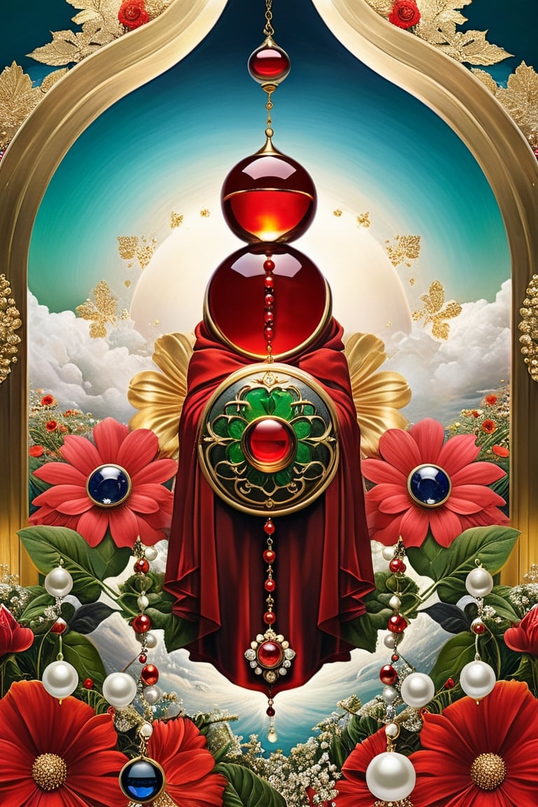 Old monk,red_flower, gold,sapphire, pearls white, emerald, surrealism,  magical realism,  lucid dreams,  hyperactive imagination,  interactive,  highly detailed image.
