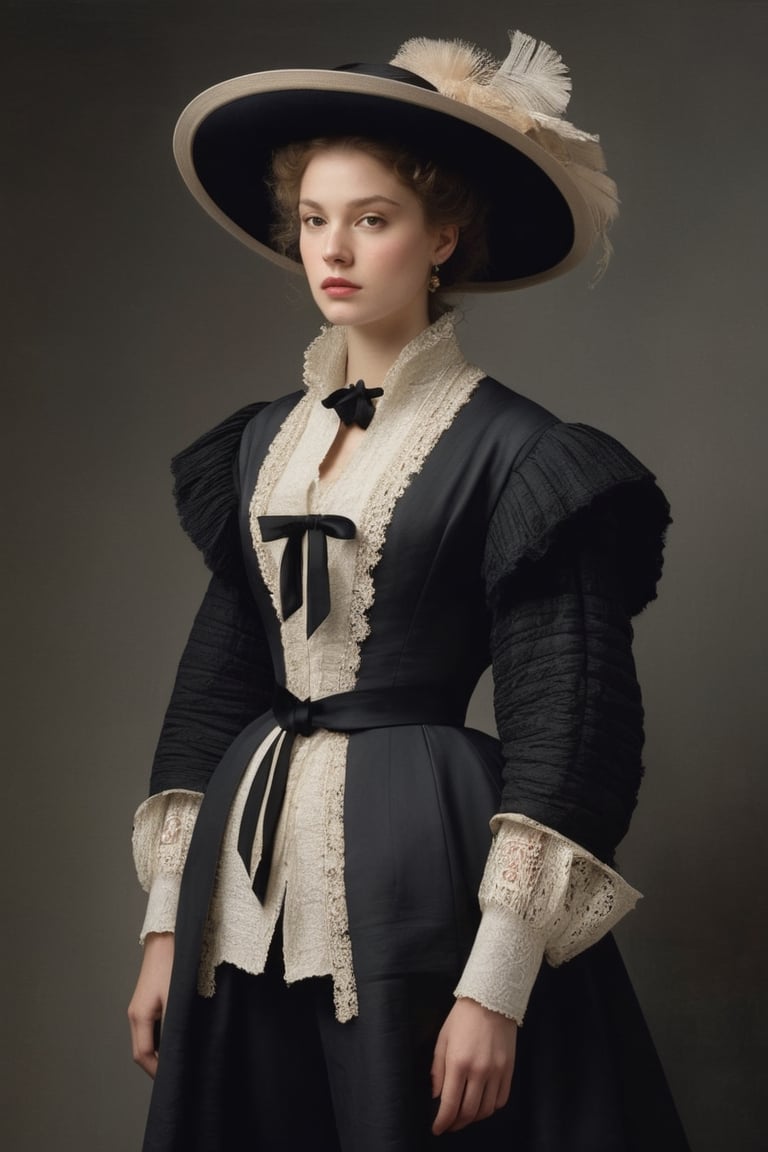 (((iconic but extremely beautiful)))
(((clothing canvases/cloths and mixed fabrics)))
(((Black,Beige,gray)))
(((simple background)))
(((1880s age style,with accessories)))
(((intricate details, masterpiece, best quality, photorealistic, minimalist)))
(((dynamic pose, looking at viewer,profile view, full body view)))(((by Rembrandt style, by Stanley Kubrick style)))