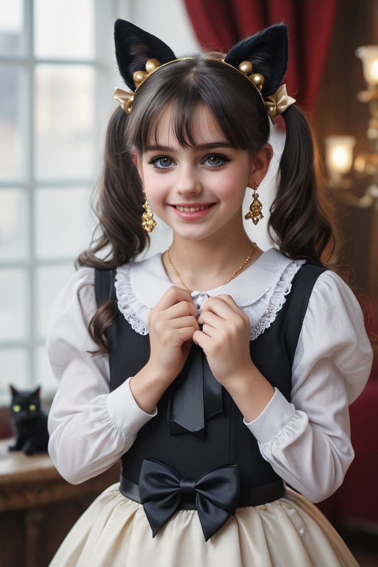 Teenager 14-year-old Nórdic, perlas white, very beautiful smile, long hair, looking at viewer, bangs, black hair, long sleeves,detailed dress, bow, ribbon, animal ears, jewelry, upper body, ponytail, hair bow, earrings, indoors, cat ears, hand up, black eyes, black dress, lips, black ribbon, black bow, realistic, nose,(((gold, sapphire, ruby, Mármol white, )))masterpiece, hyperdetailed photography, hyper-realistic, Kodak Ektar camera, detailed skin pores acne, detailed hands, detailed anatomy, detailed face, detailed eyes, detailed mouth,,photo r3al, cinematic moviemaker style, 85mm cámara, 