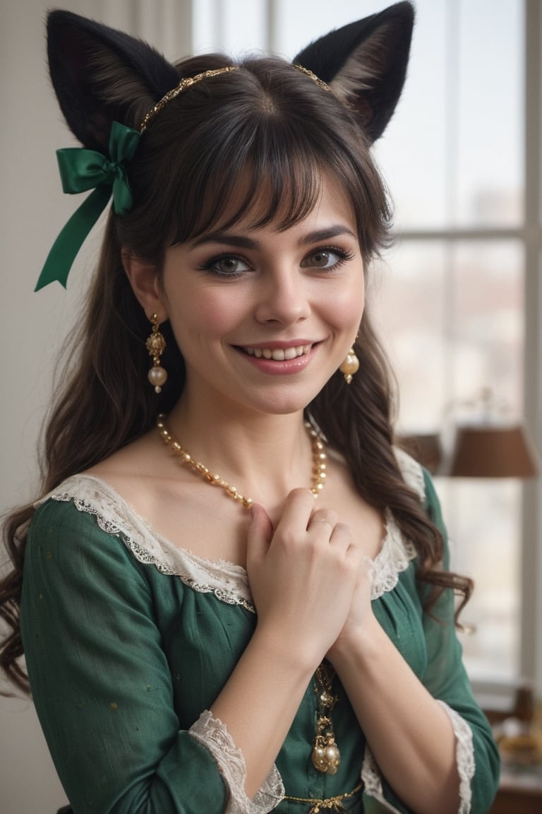 Woman chubby 55-year-old Nórdic, very beautiful smile, long hair, looking at viewer, bangs, black hair, long sleeves,detailed dress, bow, ribbon, animal ears, jewelry, upper body, ponytail, hair bow, earrings, indoors, cat ears, hand up, black eyes, black dress, lips, black ribbon, black bow, realistic, nose,(((gold, emerald 
 sapphire, ruby, Mármol white,perlas white)))masterpiece, hyperdetailed photography, hyper-realistic, Kodak Ektar camera, detailed skin pores acne, detailed hands, detailed anatomy, detailed face, detailed eyes, detailed mouth,,photo r3al, cinematic moviemaker style, 85mm cámara, 