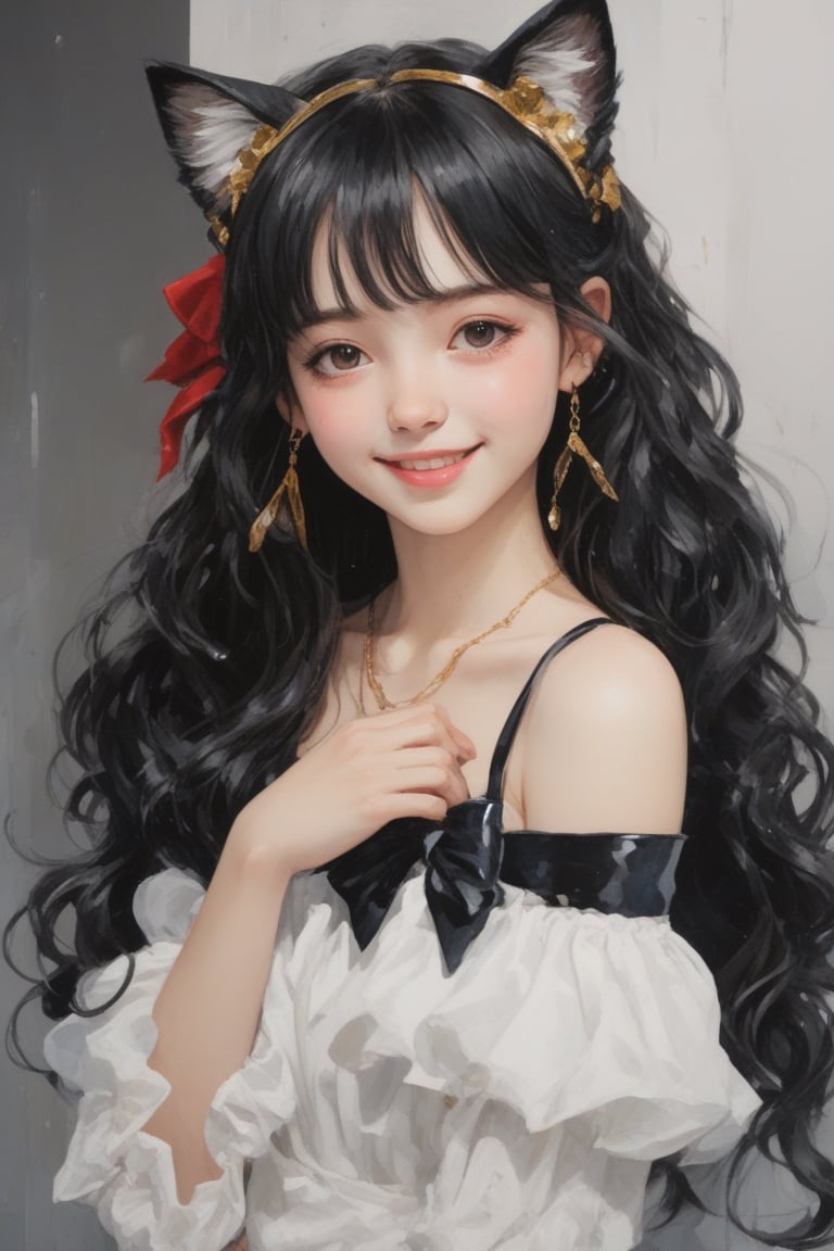 Teenager 14-year-old Nórdic, perlas white, very beautiful smile, long hair, looking at viewer, bangs, black hair, long sleeves,detailed dress, bow, ribbon, animal ears, jewelry, upper body, ponytail, hair bow, earrings, indoors, cat ears, hand up, black eyes, black dress, lips, black ribbon, black bow, realistic, nose,(((gold, sapphire, ruby, Mármol white, )))masterpiece, hyperdetailed photography, hyper-realistic, Kodak Ektar camera, detailed skin pores acne, detailed hands, detailed anatomy, detailed face, detailed eyes, detailed mouth,,photo r3al, cinematic moviemaker style, 85mm cámara, ,dripping paint