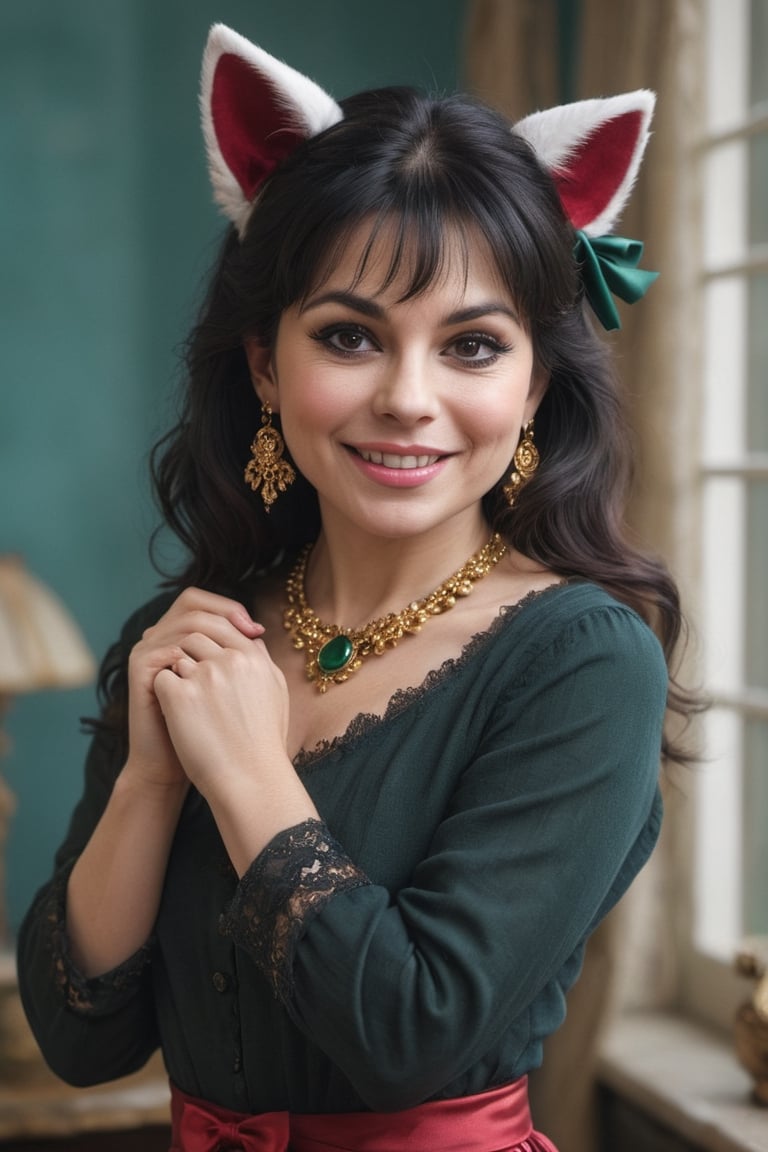 (((Woman mature chubby 55-year-old Nórdic))), very beautiful smile, long hair, looking at viewer, bangs, black hair, long sleeves,detailed dress, bow, ribbon, animal ears, jewelry, upper body, ponytail, hair bow, earrings, indoors, cat ears, hand up, black eyes, black dress, lips, black ribbon, black bow, realistic, nose,(((gold, emerald 
 sapphire, ruby, Mármol white,perlas white)))masterpiece, hyperdetailed photography, hyper-realistic, Kodak Ektar camera, detailed skin pores acne, detailed hands, detailed anatomy, detailed face, detailed eyes, detailed mouth,,photo r3al, cinematic moviemaker style, 85mm cámara, 