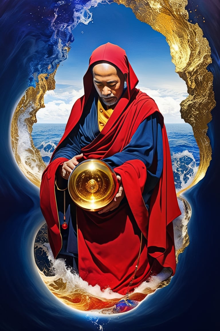 Old monk,red, gold,sapphire surrealism,  magical realism,  lucid dreams,  hyperactive imagination,  interactive,  highly detailed image.
