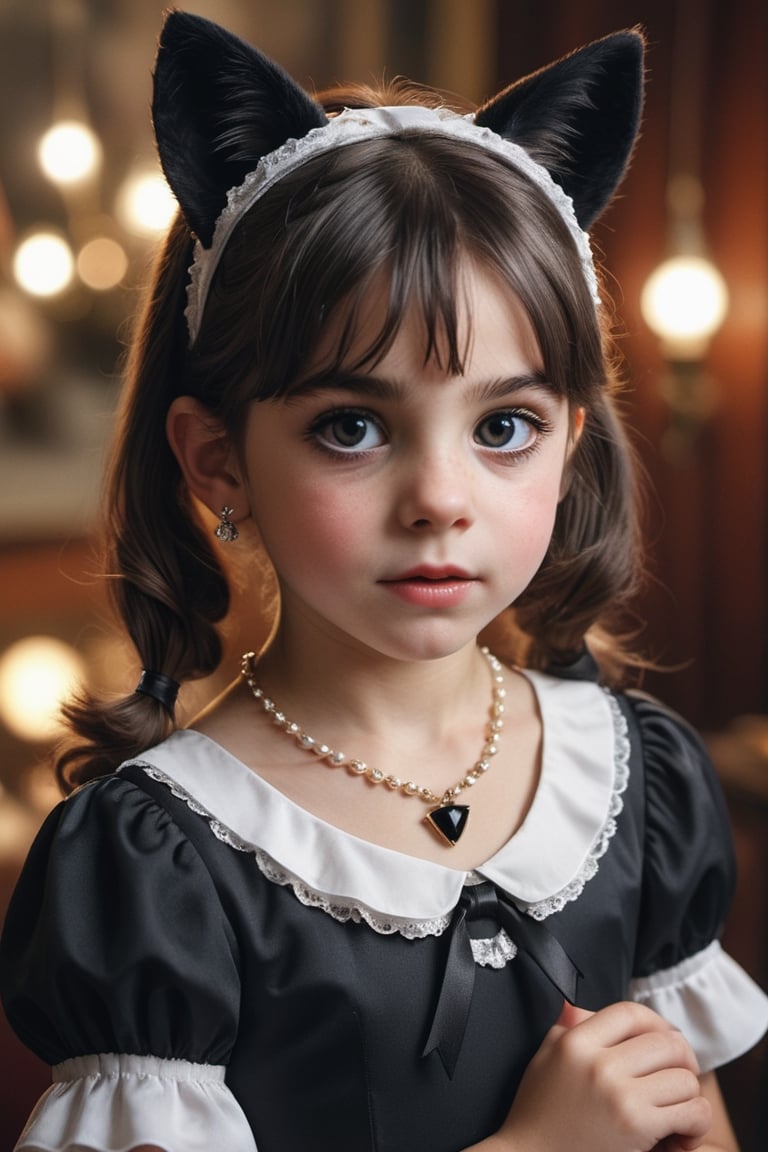 Little_girl 12-year-old, solo, long hair, looking at viewer, bangs, black hair, long sleeves, dress, bow, ribbon, animal ears, jewelry, upper body, ponytail, hair bow, earrings, indoors, cat ears, hand up, black eyes, black dress, lips, black ribbon, black bow, realistic, nose, masterpiece, hyperdetailed photography, hyper-realistic, Kodak Ektar camera, detailed skin pores acne, detailed hands, detailed anatomy, detailed face, detailed eyes, detailed mouth,,photo r3al, cinematic moviemaker style, 85mm cámara, 