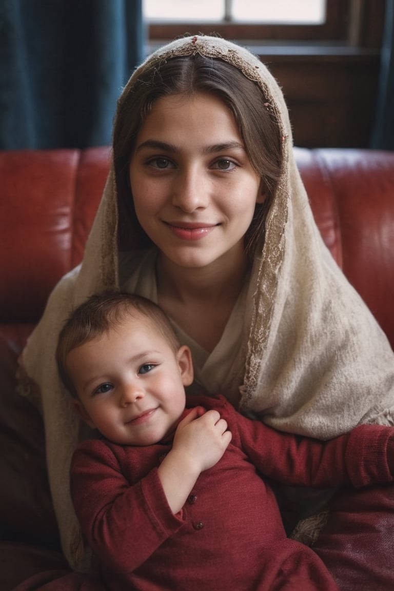 Photography of                             17 year old Jewish girl with her 
Little baby  in her arms,gold, sapphire, ruby, white marble,                                              in a room near the window, lying on an old and worn red leather sofa                                                       surrounded by a mysterious, warm and pleasant halo of light, beautiful                                                dutch_angle,beautiful smile, looking at the camera, facing camera                                                                                    
 Dressed in the same way as the virgin, with a cloak on his head                                             view from above                           full body shot
hi_resolution, highres realistic, Masterpiece, 8k, best quality, (ultra-detailed),photorealisti  detailed eyes,  detailed face,  hi_resolution, highres realistic, Masterpiece, 8k, best quality, (ultra-detailed), (intricate details)photorealisti,raw phot,detailed skin and acne. natural light,film 50mm prime lens,(8k, RAW photo, highest quality), (ultra-detailed )  photorealistic,  Real, detailmaster2,photo r3al,more detail XL,aw0k euphoric style,Wonder of Beauty