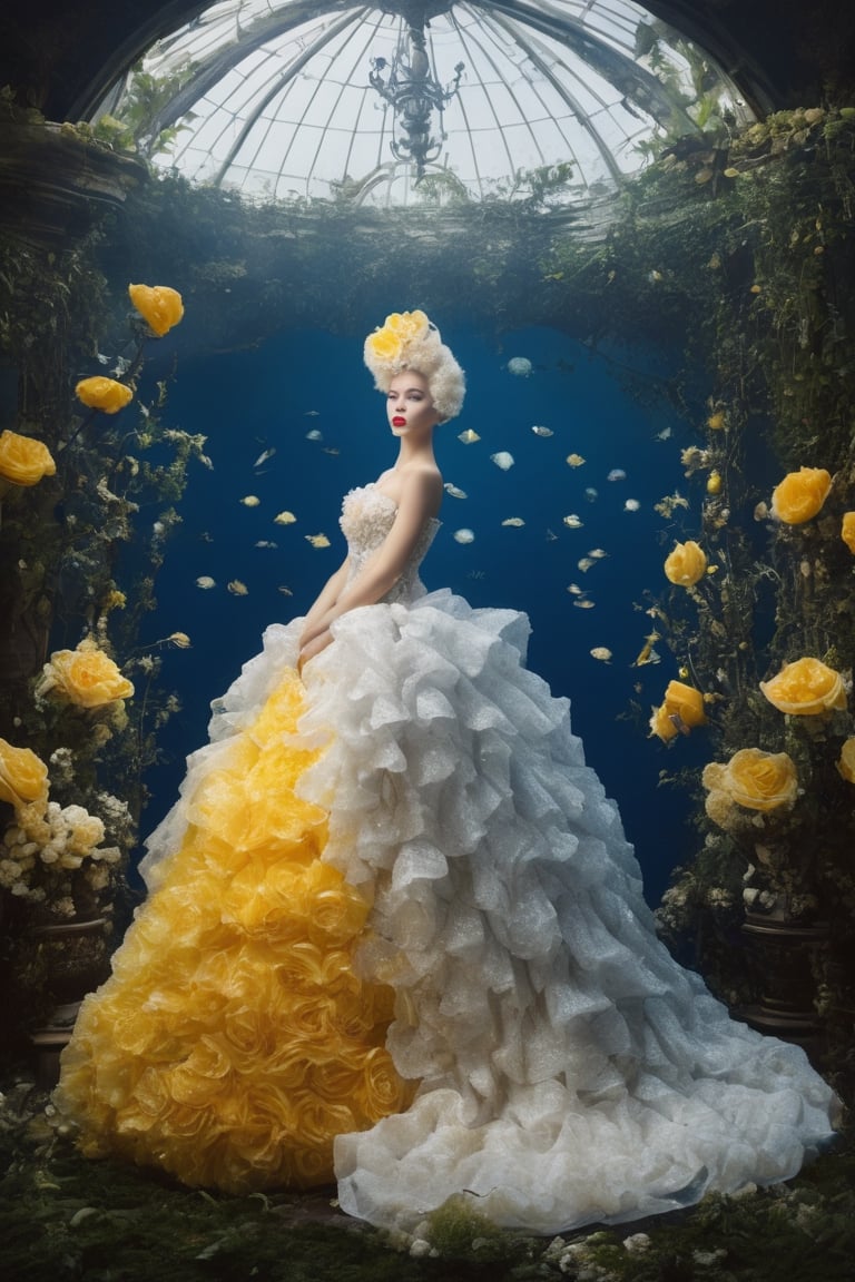 Extremely Realistic,Create a world with the next element * Glass sponge and coral Pocillopora pulchella for organic, flowing textures 
*detailed extremely Realistic mirrod
*view from above, centered, full body shot, natural light
* Marie-Antoinette details, gathers, beehives, ball gathering for volume and romance
* Crinoline, smocks, pin tucks for structure and architecture
* English pavilions for neoclassical references
* Belle Époque winter garden for retro inspiration
* Hans Bellmer-style surrealism and Donyale Luna mannequin for onirism
* Balata Garden and Martinique corals for tropical inspiration
* Gabrielle Chanel and diva singers for timeless elegance
* Short" for a contemporary twist white and blue rose and old yellow rose embroidery on tulle . Extremely Realistic, photo r3al,make_3d, cinematic moviemaker style,dripping paint,abstact