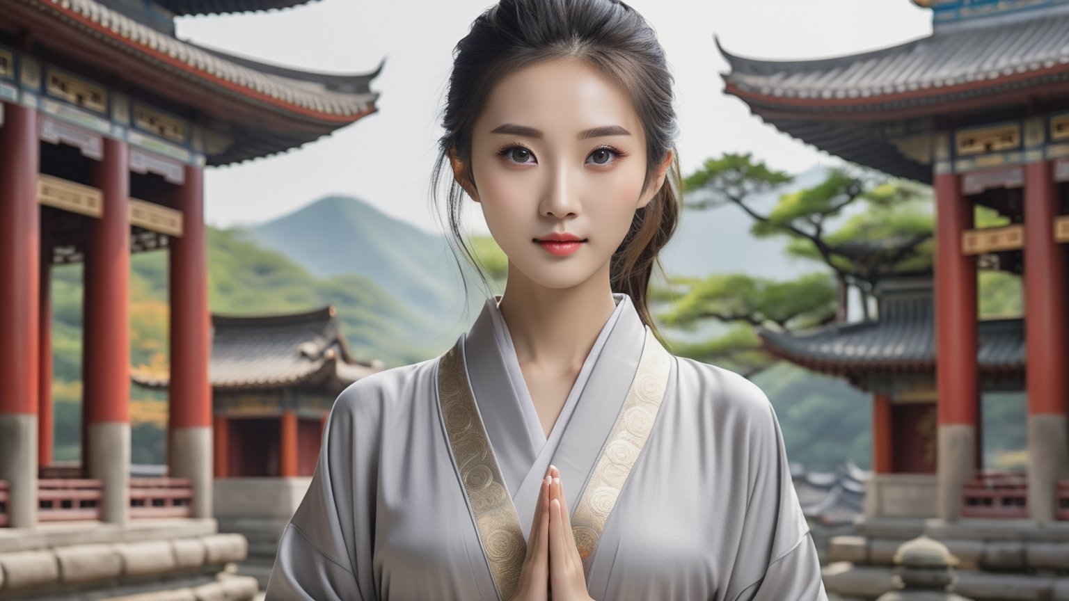 (Ultra realistic), best quality, (a beautiful skinny Chinese girl facing the audience Keep it straight,in light gray Buddhist robe:1.35), masterpiece, vivid and detailed face, (upper half body art :1.2), (clear and bright big eyes :1.1), dynamic pose, using the best artificial intelligence algorithm to generate pictures, Ultra HD, 32K, ultra realistic, dramatic, High detail, more detail,Buddhist temple background,