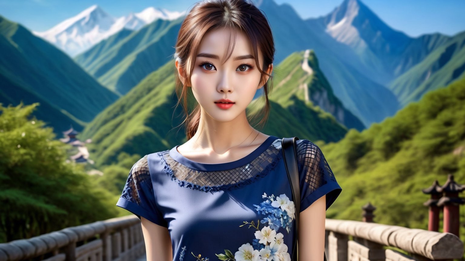 (realistic,best quality),(1 beautiful skinny Chinese girl in fashion clothes facing the audience:1.45, upper body photo art:1.41,masterpiece, vivid face,(messy:1.36), (clear and bright big eyes:1.1),dynamic pose, Generate a picture with the most excellent artificial intelligence algorithm, ultra high definition, 32K, ultra photorealistic,bright day,gorgeous mountain scenery, stunningly beautiful,photo r3al