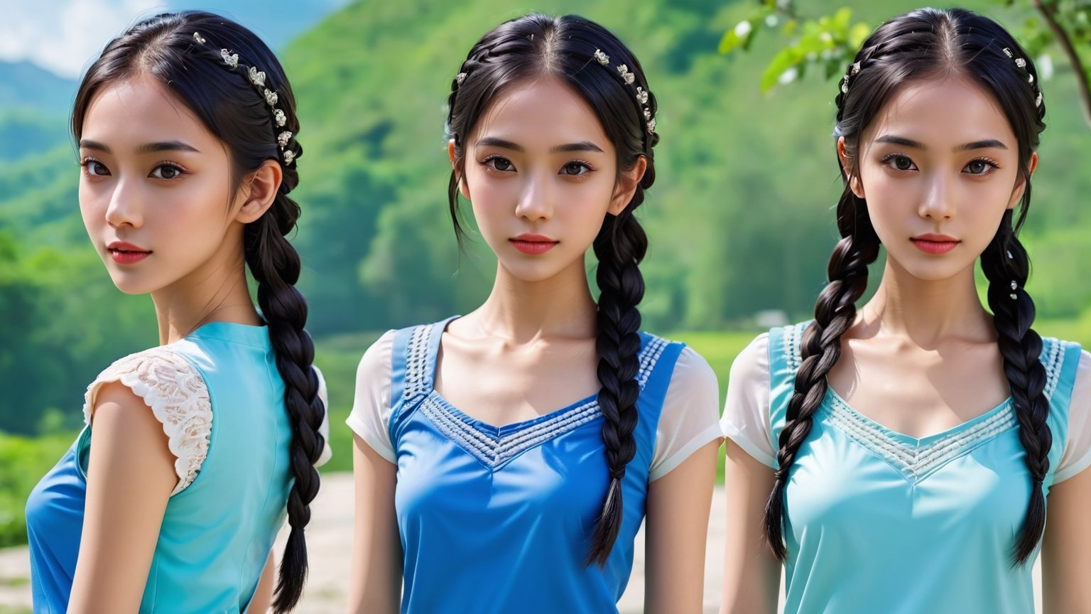 (realistic, best quality), (1 beautiful slim Thai girl in fashion clothes in various poses:1.45), (full_body shot:1.41),(black Hair:1.36),( Inverted French Braid :1.33),(clear and bright big eyes:1.1),masterpiece, vivid face,oiled body,dynamic pose, Generate a picture with the most excellent artificial intelligence algorithm, ultra high definition, 32K, ultra photorealistic,bright day, Ulan scenery background, stunningly beautiful,