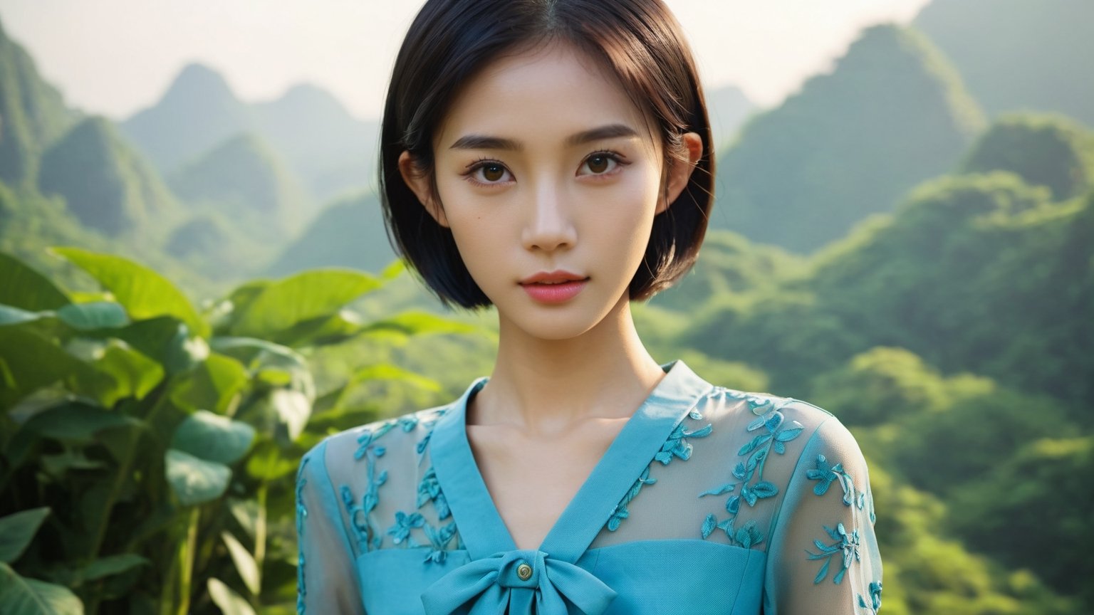 (realistic, best quality), (1 beautiful slim Thai girl in fashion clothes in various poses:1.45)), full body photo art:1.41,masterpiece, vivid face,( Short Hair with Sideburns :1.36), (clear and bright big eyes:1.1),oiled body,dynamic pose, Generate a picture with the most excellent artificial intelligence algorithm, ultra high definition, 32K, ultra photorealistic, bright day, gorgeous The mist is dim scenery,  stunningly beautiful,