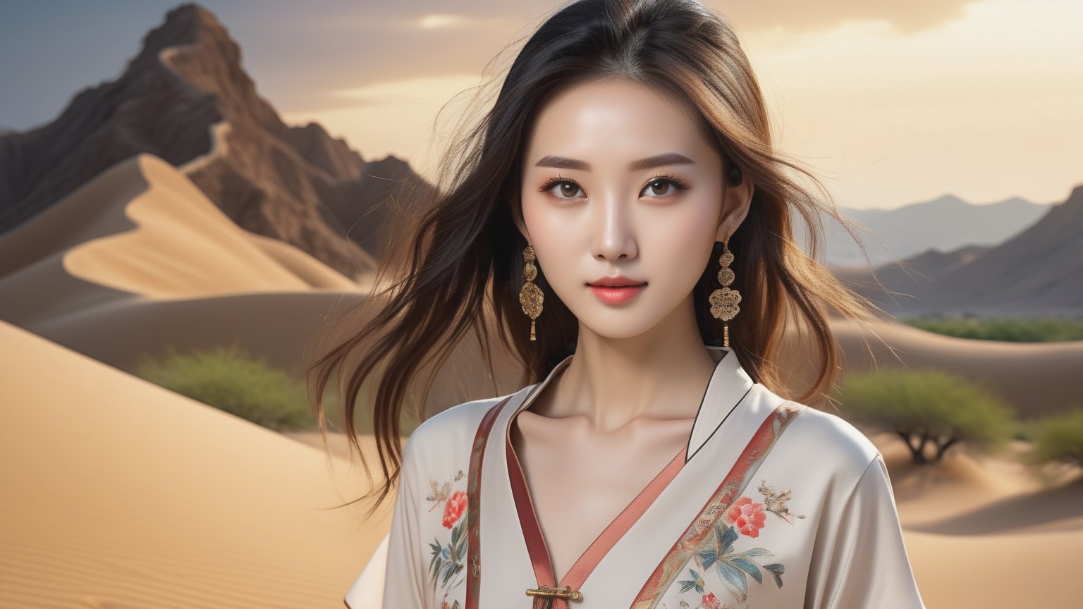 (Ultra realistic), best quality, (a beautiful skinny Chinese girl facing the audience in summer fashionable clothes:1.35), masterpiece, vivid and detailed face, (upper half body art :1.2), (clear and bright big eyes :1.1), dynamic pose, using the best artificial intelligence algorithm to generate pictures, Ultra HD, 32K, ultra realistic, dramatic, High detail, more detail,desert background,