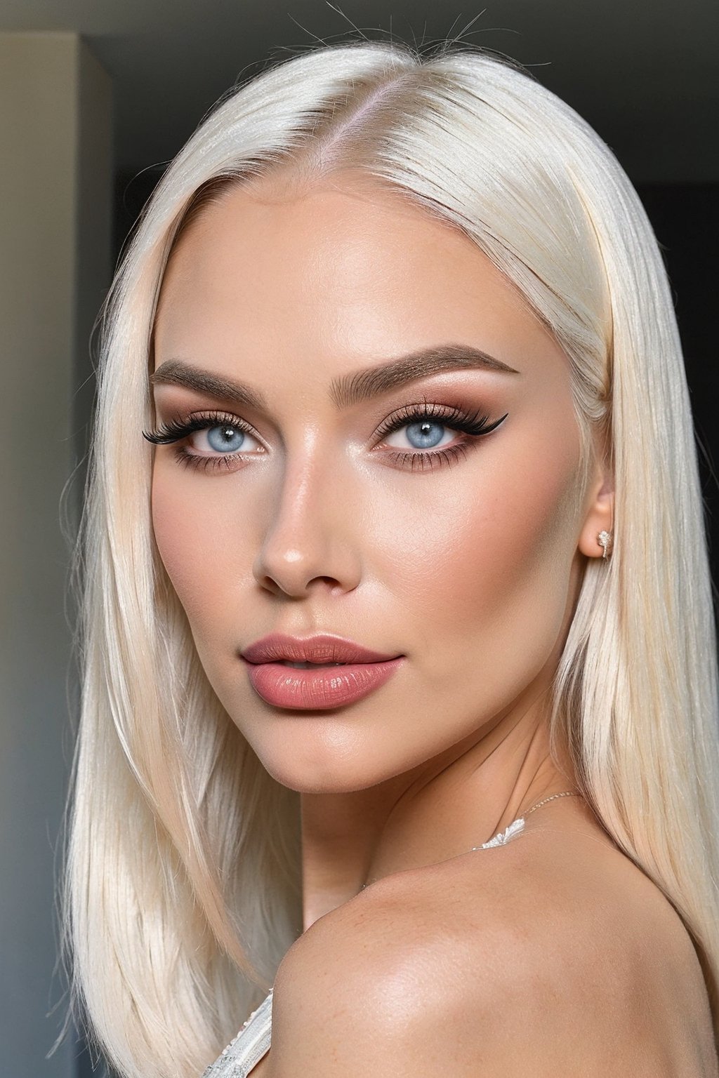  a pretty sweedish woman with a straight thin white hair, gorgeous long white straight hair, wearing a white dress, blue eyes, strawberry lipstick, midshot picture, and attractive features,  eyes,  mascara, eyeliner, eyelid,  focus,  depth of field,  ray tracing,  slim model,  anatomically correct, (Beautiful blonde:1.2)(cutting hair:0.75)(Hairdress),(PnMakeEnh)