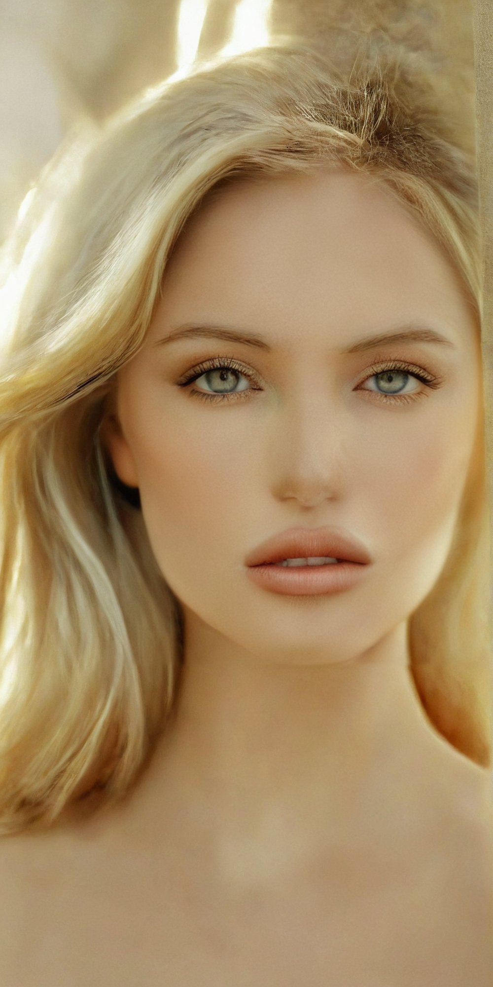 score_9, score_8_up, score_7_up, Photorealistic rendering of a stunning woman with long, straight, blonde hair flowing over her shoulders like golden silk. Her parted lips curve slightly upward, inviting the viewer's gaze. Piercing grey eyes sparkle with intensity, framed by delicate features and open clothes that showcase her toned physique. The subtle wetness on her lips adds a hint of sensuality to her captivating stare, drawing the viewer in. Background blurred, focusing attention solely on this breathtakingly beautiful woman(Exquisitely detailed symmetrical face)
(youthful and exciting appearance:1.4)
(realistic iris) (realistic pupils)(Beauty photography:1.3)(Sharp Focus)
