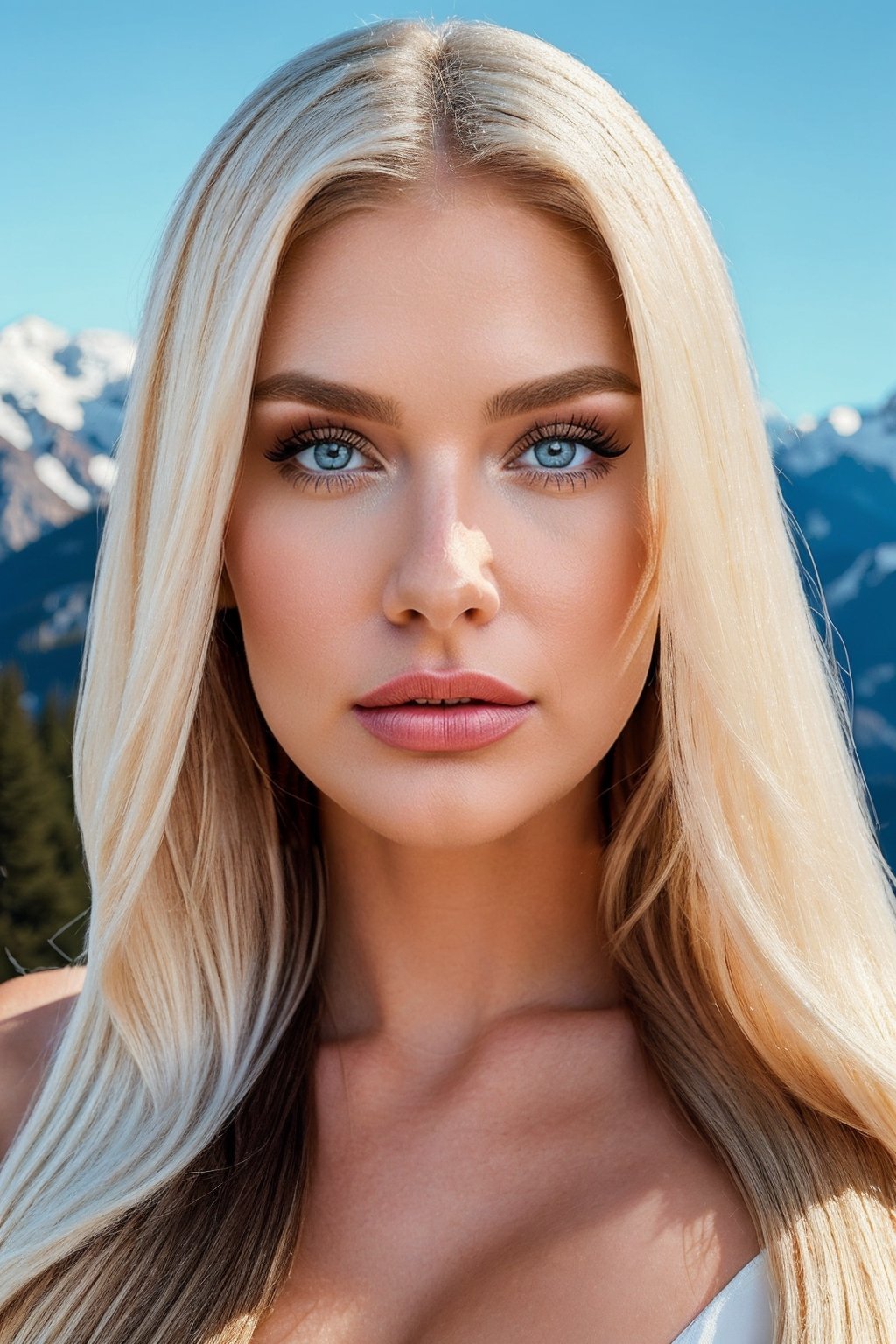  a pretty Swiss woman, gorgeous long white straight hair, blue eyes, strawbery lipstick, facial portrait , and attractive features,  eyes,  eyelid, mascara, eyeliner, focus,  depth of field,  ray tracing,  slim model,  anatomically correct, Swiss ski resort covered in snow background(Hairdress),(PnMakeEnh)(bright lighting: 1.2)(beauty:1.3)focus on the face
 ((detailed face))(perfect face:1.2)(Beautiful blonde:1.2)(cutting hair:0.75)
