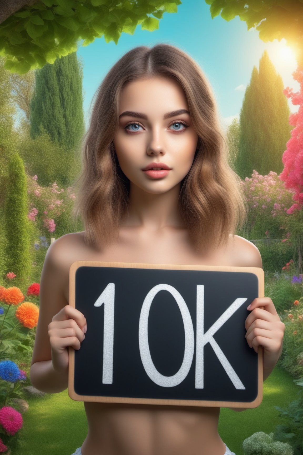 A girl in a garden,holding a board with text "10k Likes" text,illustration,ultra-detailed,realistic,vivid colors,hdr,sharp focus,studio lighting,beautiful detailed eyes,beautiful detailed lips,longeyelashes,medium