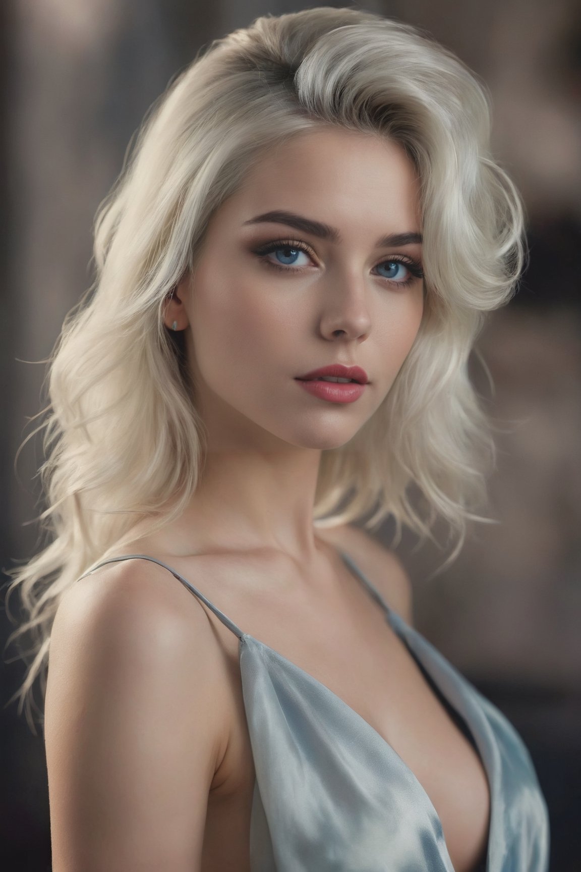 (realism, Photorealistic), Generate hyper realistic image of a beautiful woman with long, updo, straight, white hair cascading over her shoulders, With parted lips and a gaze fixed on the viewer, she exudes confidence and charm. Her upper body is elegantly displayed in open clothes, drawing attention to her delicate features. Piercing pale blie eyes add depth and intensity to her captivating gaze, creating a realistic and mesmerizing portrait. Most beautiful, sexy, blue eyes, wet lips,