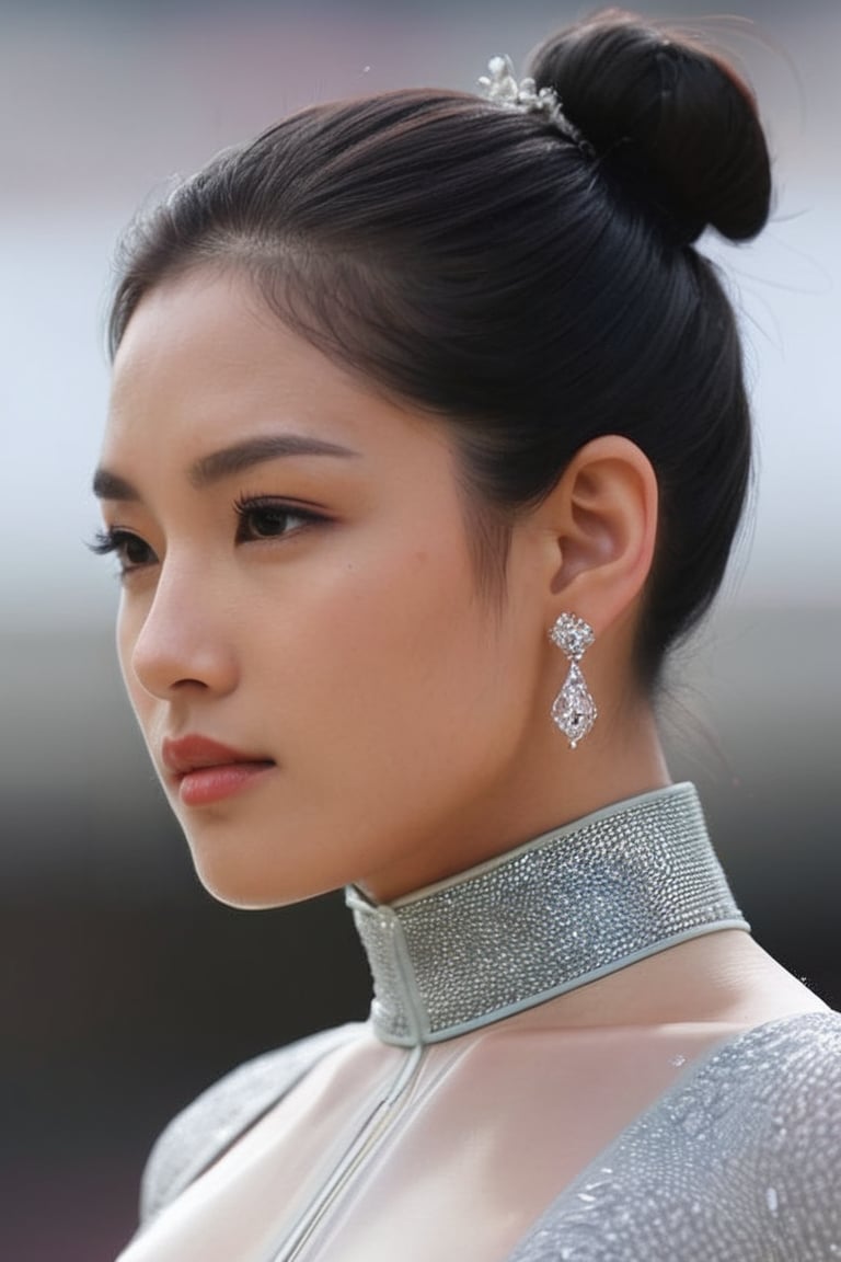 A close-up shot of an Koream sportswoman wearing sheer lycra attire, her dark locks tied into a sleek bun. A cascade of long earrings adorns her neck as she gazes directly at the camera, exuding confidence and poise, The framing highlights her toned physique, with a shallow depth-of-field emphasizing the sparkling jewelry.