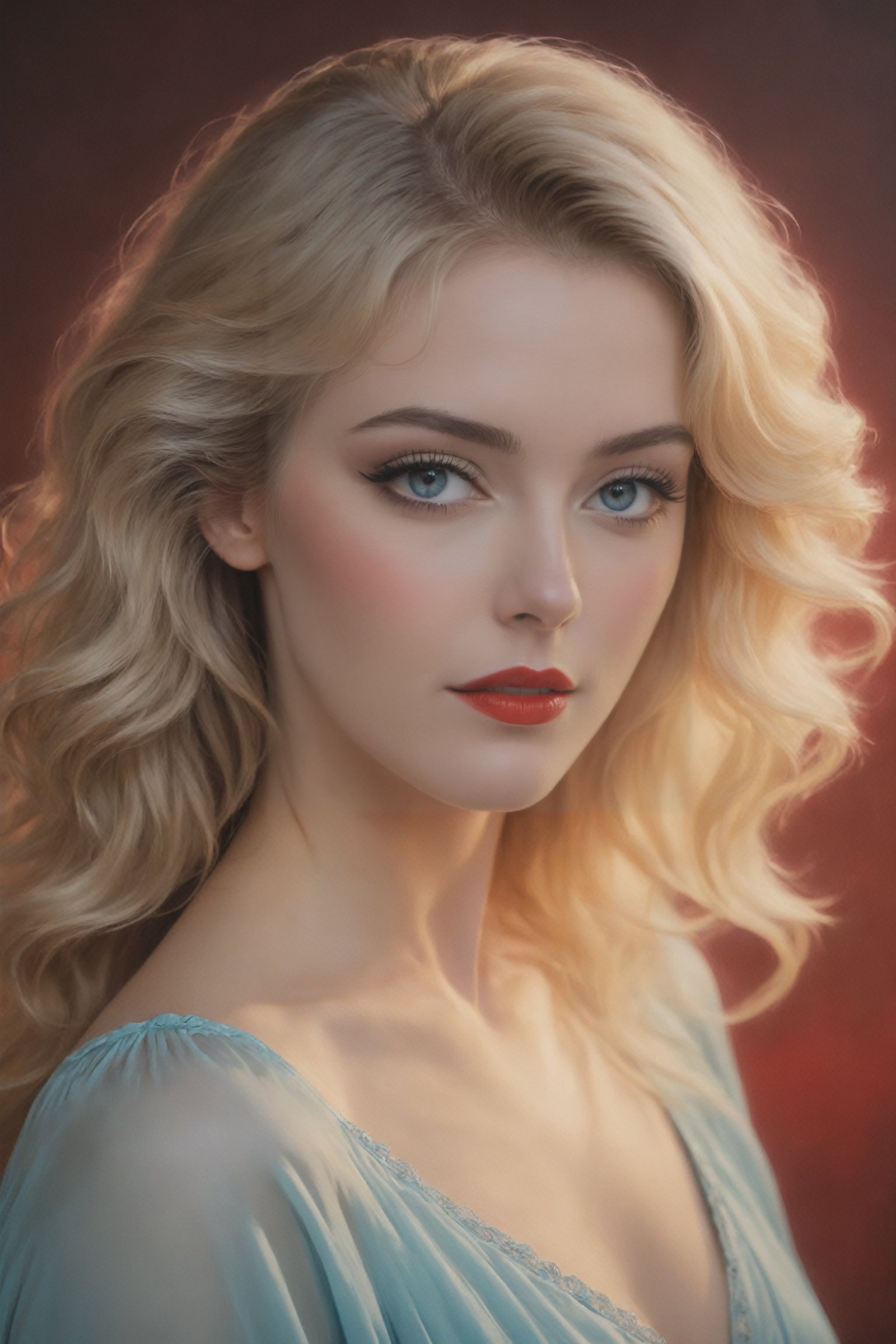 Generate an ultra realistic illustration, that will push realism to the extreme, an image of a beautiful young woman with long, flowing blonde hair. 

her pale-blue eyes look directly at the viewer with a warm smile, radiating her charm and beauty, she is wearing a Sezane dress, the focus is on her face. The portrait also accentuates her perfectly manicured red finger nails, and her mascara, eyeliner, and lips complement the overall beauty and radience of the image, more saturation ,Face makeup,retro ink