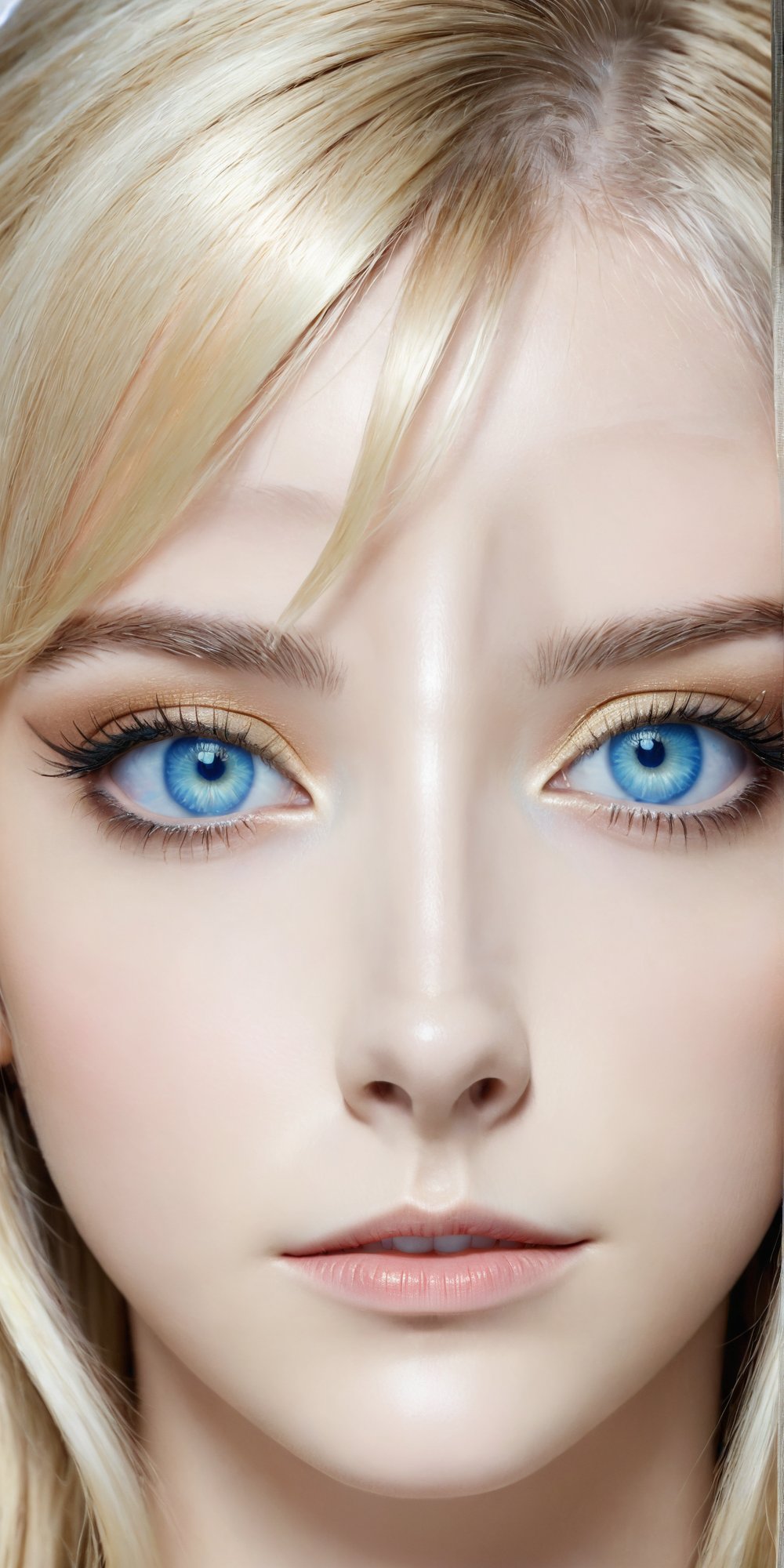 score_9, score_8_up, score_7_up, 1 girl, blonde, pale blue eyes, close up, art, symetrical,  makeup, digitally artistic,  dry hair, x 4